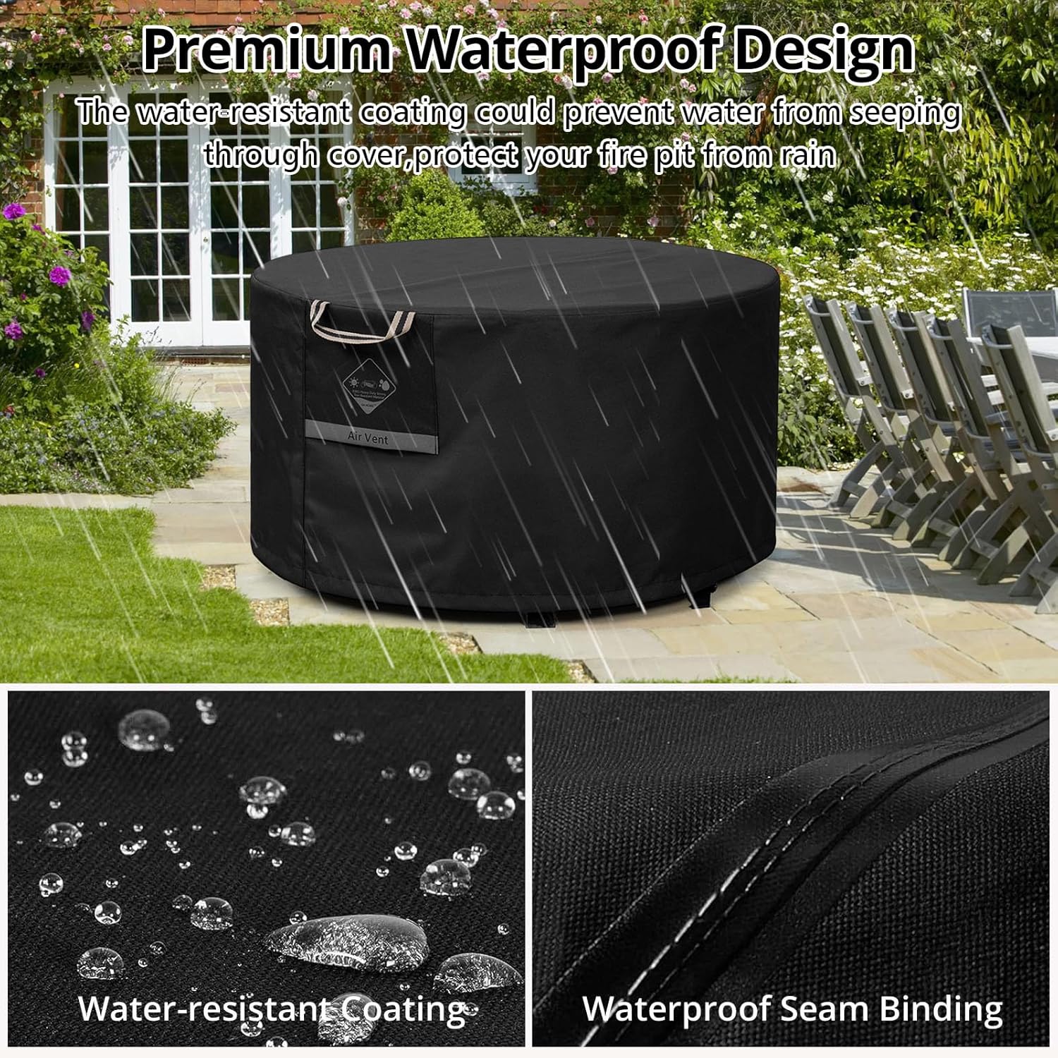 QH.HOME Fire Pit Cover Round, 100% Waterproof, 600D Strong Tear Resistant, Outdoor Firepit Covers Round Fits 33",34 inch ,35 inch,36 inch Fire Pit Cover, 36” Dia X 20”H -Black .