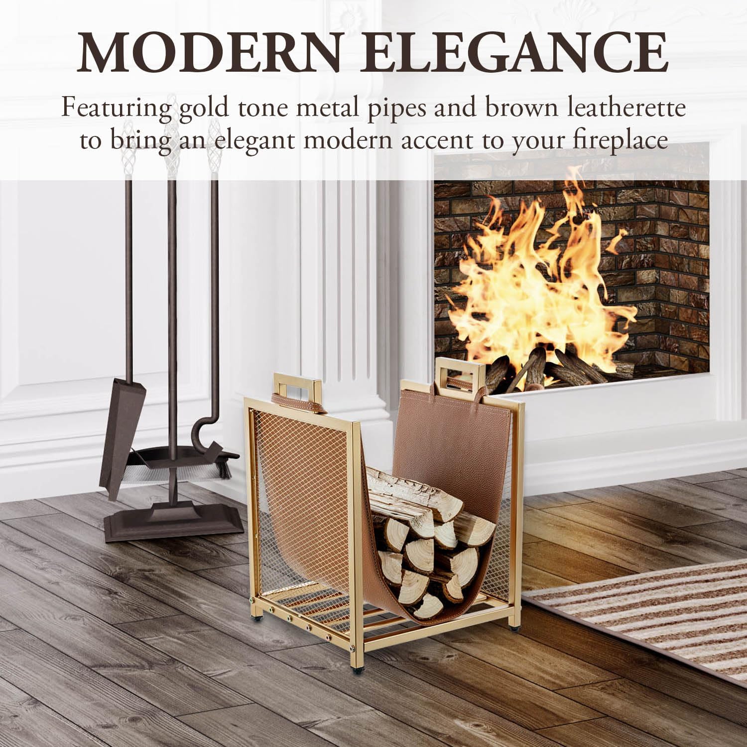 MyGift Modern Gold Tone Metal Firewood Stand with Brown Leatherette Wood Holder Sling, Wire Mesh Design and Top Carrying Handles, Compact Log Splits Kindling Storage Rack