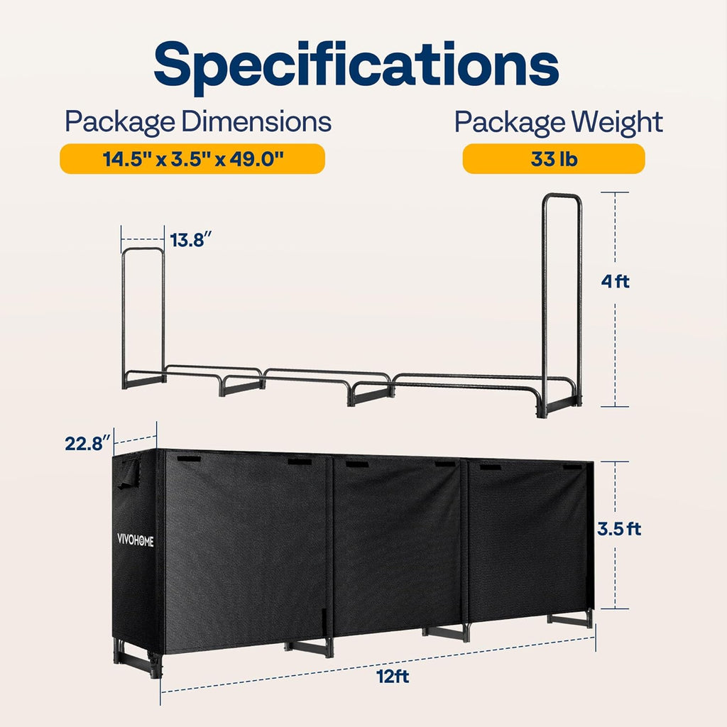 VIVOHOME 12 ft Heavy Duty Firewood Rack Outdoor with Cover, Fire Wood Storage Rack, Log Holder and Cover Combo Set with Zipper, Black