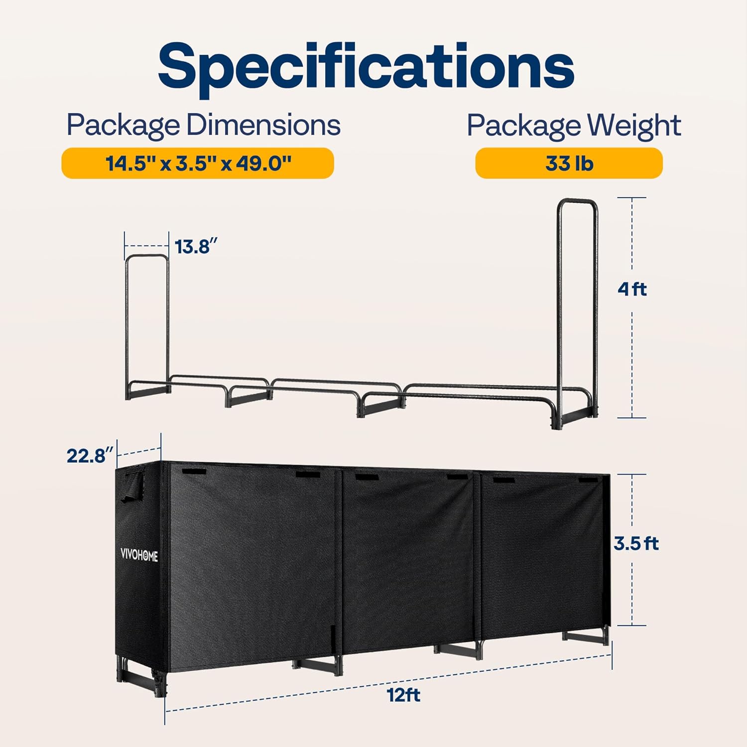 VIVOHOME 12 ft Heavy Duty Firewood Rack Outdoor with Cover, Fire Wood Storage Rack, Log Holder and Cover Combo Set with Zipper, Black
