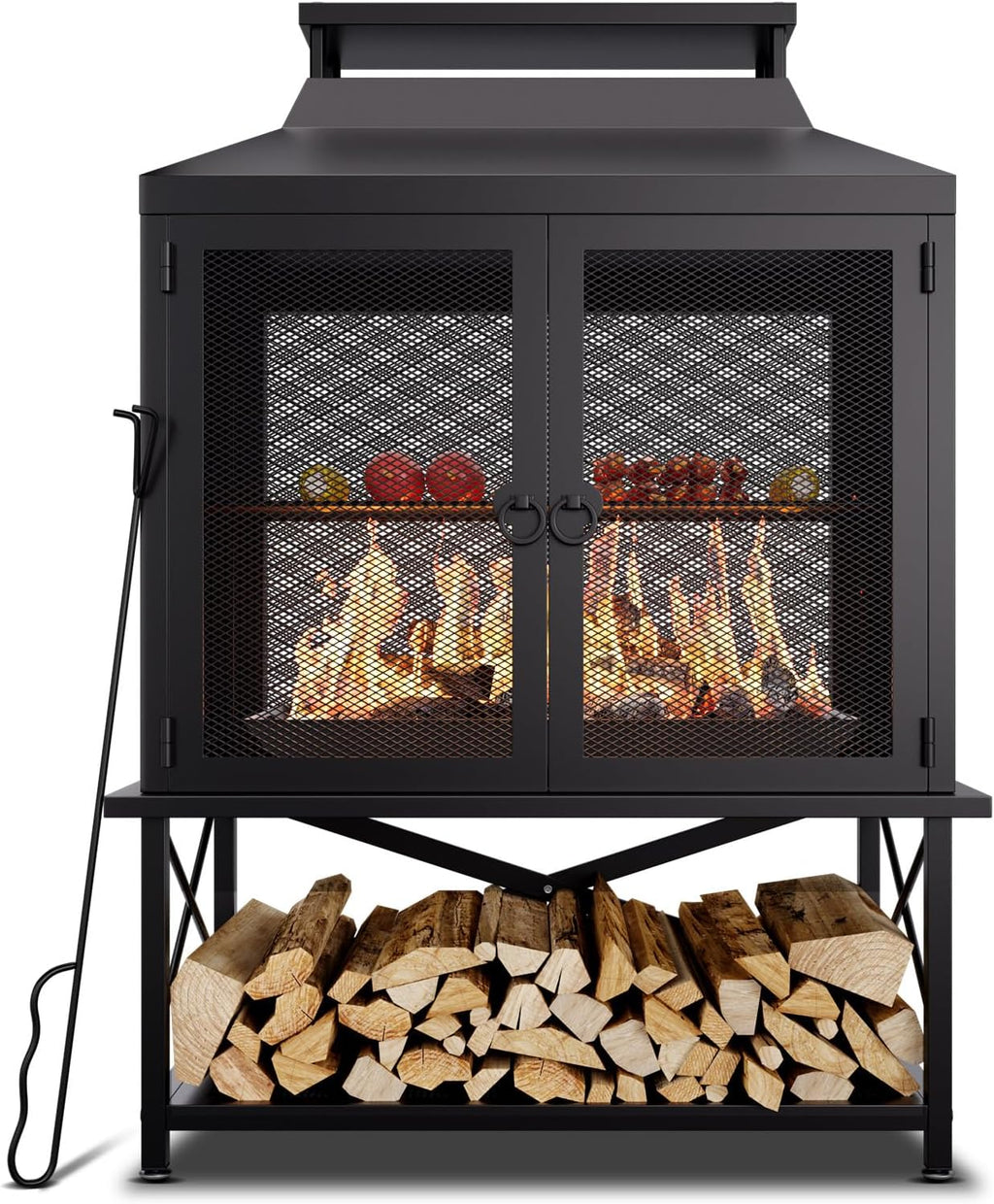 Large Outdoor Chiminea Fire Pit with Grill, Outdoor Fireplace, Outdoor Wood Burning Fireplace with Chimney, 360° Mesh Spark Screen Door, Fire Poker and Log Storage Rack for Patio Backyard