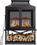 Large Outdoor Chiminea Fire Pit with Grill, Outdoor Fireplace, Outdoor Wood Burning Fireplace with Chimney, 360° Mesh Spark Screen Door, Fire Poker and Log Storage Rack for Patio Backyard
