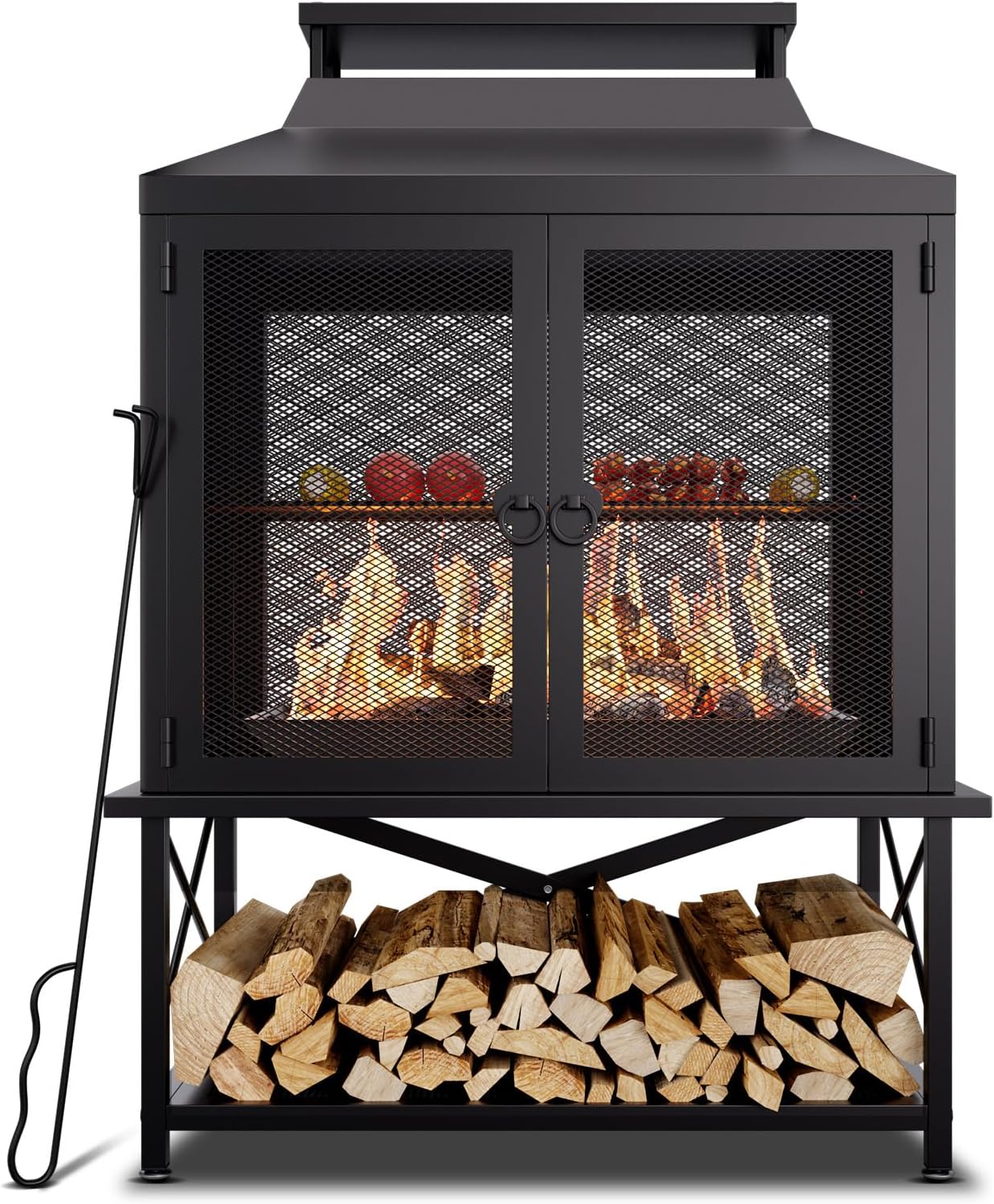 Large Outdoor Chiminea Fire Pit with Grill, Outdoor Fireplace, Outdoor Wood Burning Fireplace with Chimney, 360° Mesh Spark Screen Door, Fire Poker and Log Storage Rack for Patio Backyard