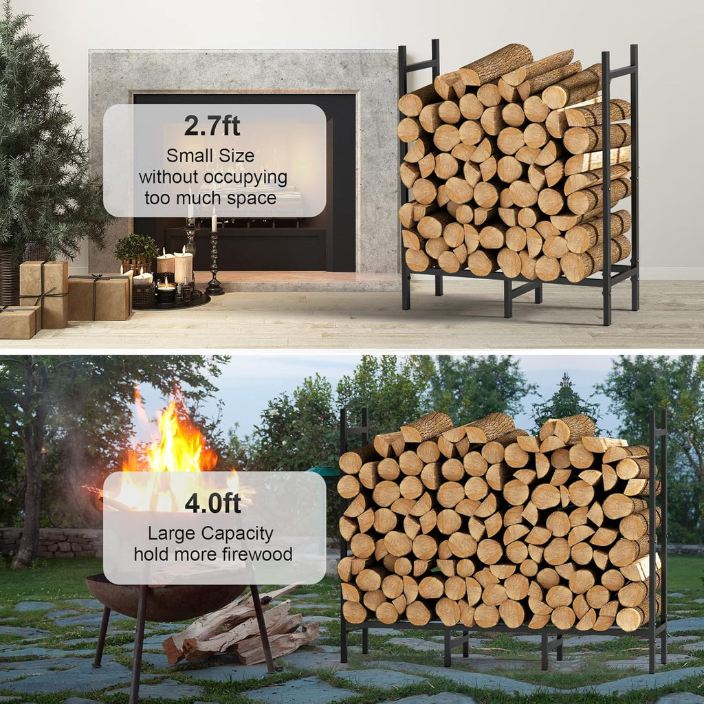 4FT Firewood Rack Indoor Outdoor, Heavy Duty Log Holder Stand for Fireplace, Adjustable Wood Storage Organizer with Weather-Resistant Tubular Steel, Cradle for Kindling & Stacking Logs