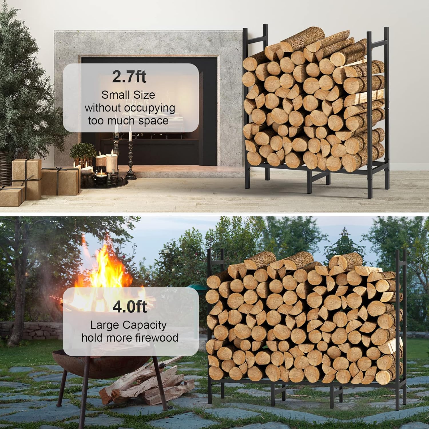 4FT Firewood Rack Indoor Outdoor, Heavy Duty Log Holder Stand for Fireplace, Adjustable Wood Storage Organizer with Weather-Resistant Tubular Steel, Cradle for Kindling & Stacking Logs
