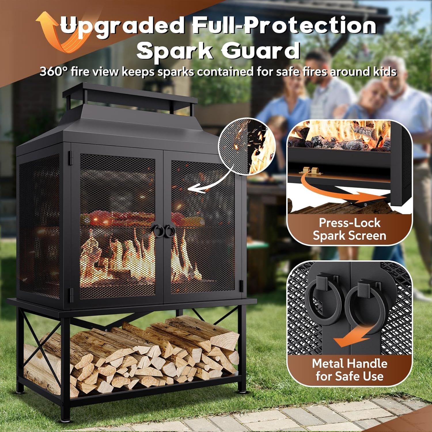 Large Outdoor Chiminea Fire Pit with Grill, Outdoor Fireplace, Outdoor Wood Burning Fireplace with Chimney, 360° Mesh Spark Screen Door, Fire Poker and Log Storage Rack for Patio Backyard