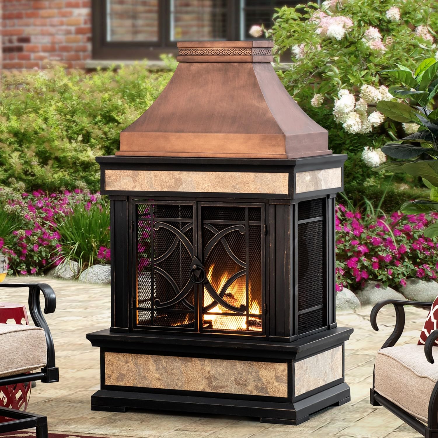 Sunjoy Outdoor Fireplace, Stone Look Tile Patio Wood Burning Steel Fireplace with Chimney, Spark Screen, Fire Poker, Rain Cover, and Removable Grate, Black with Golden Highlight