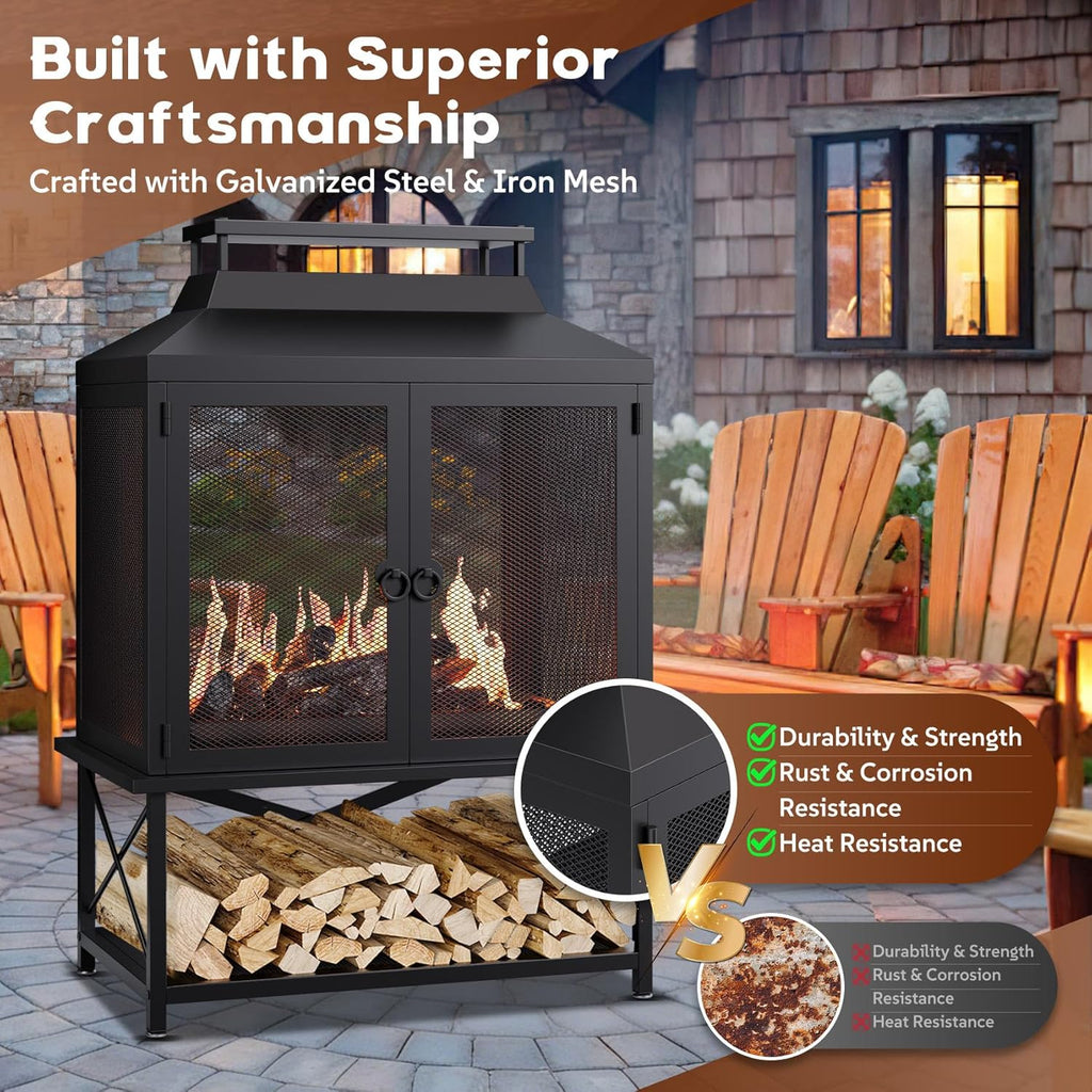 Large Outdoor Chiminea Fire Pit with Grill, Outdoor Fireplace, Outdoor Wood Burning Fireplace with Chimney, 360° Mesh Spark Screen Door, Fire Poker and Log Storage Rack for Patio Backyard