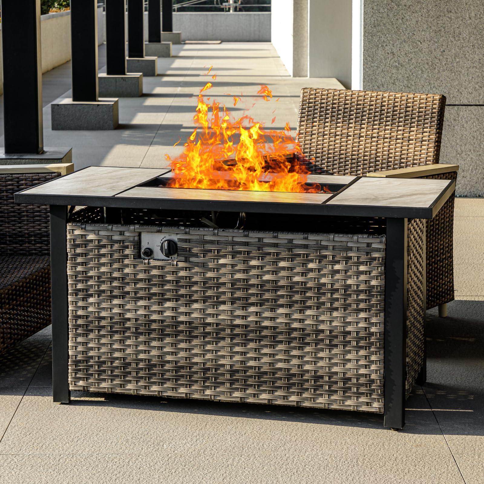 OutVue 30" Propane Fire Pit with Real Ceramic Tabletop, 50000 BTU Gas Firepit Table with Lid & Glass Rock, Outdoor Fire Pit for Dining or Party, Firepit for Outside, Patio, Garden, Yard