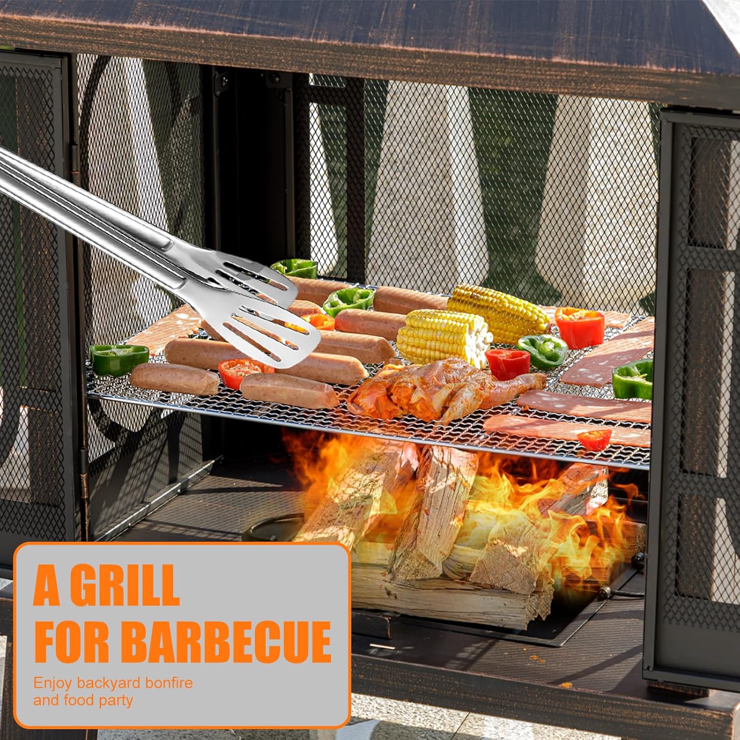Panovue 45" H×31''W Metal Chiminea Fire Pit with Grill, Wood Burning Fire Pits for Outside,Square Chimineas Fireplace with Mesh Spark Screen Door& Fire Poker for Garden,Yard,BBQ,Bonfire (Black&Gold)