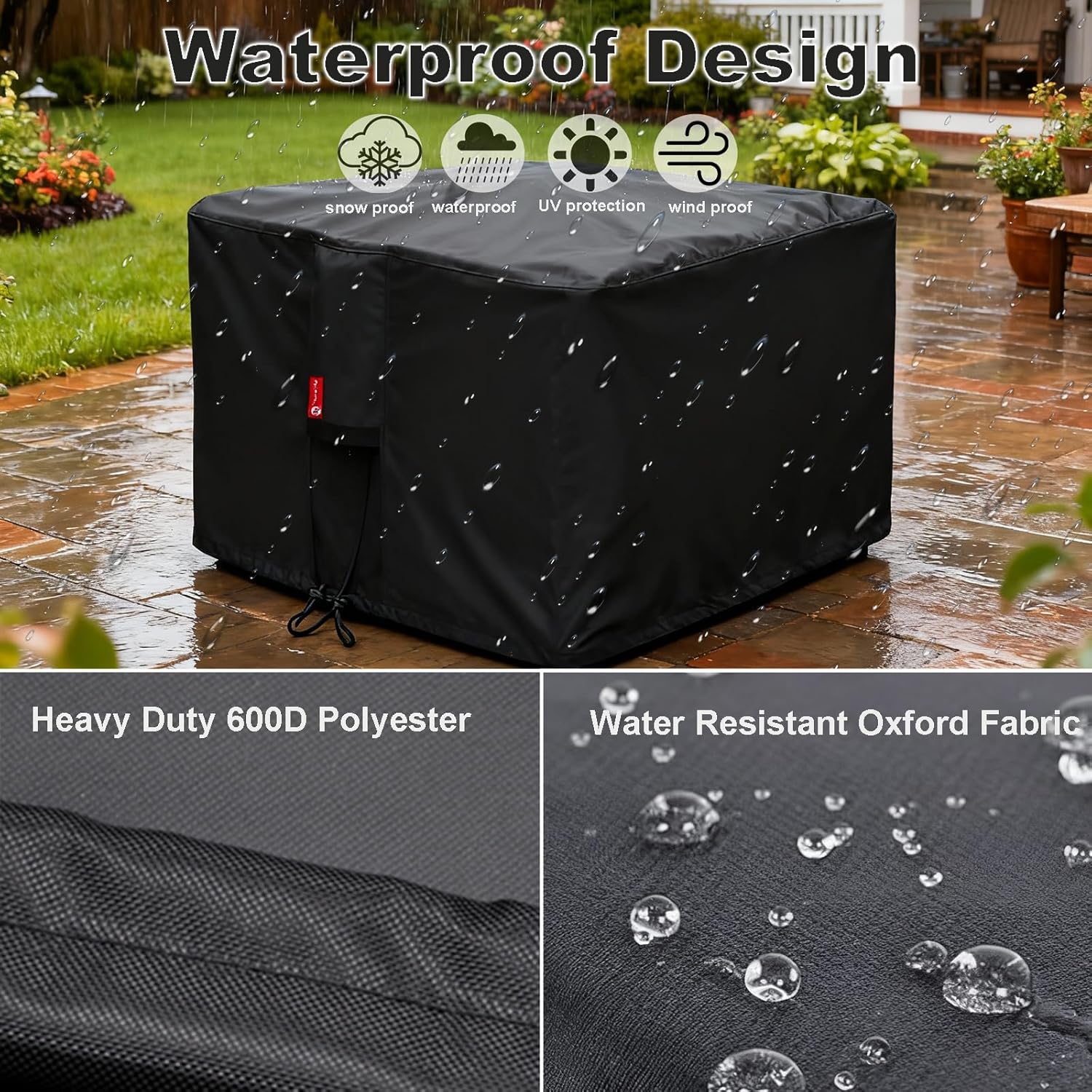 SheeChung Gas Fire Pit Cover Square-Premium Patio Outdoor Cover Heavy Duty Fabric with PVC Coating,100% Waterproof,Anti-Crack,Fits for 29”,30",31",32" Fire Pit/Table Cover (32”L x 32”W x 24”H,Black)