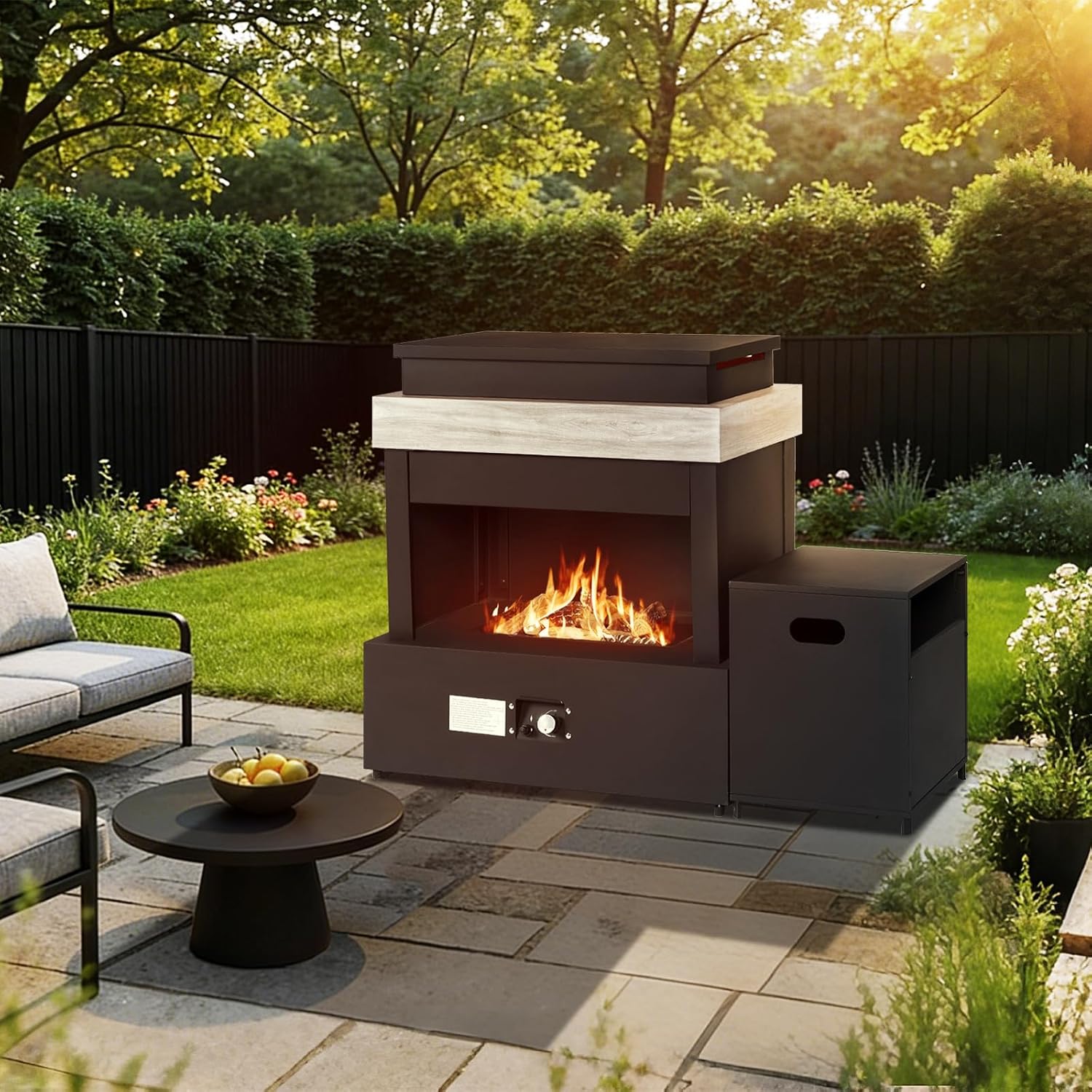 Outdoor Propane Fireplace with Tank Storage,35’’ Smokeless Fireplace with Rain Cover,CSA Certified 50,000 BTU Patio Gas Fire Pit for Deck,Backyard,Garden,Balcony by DNKMOR