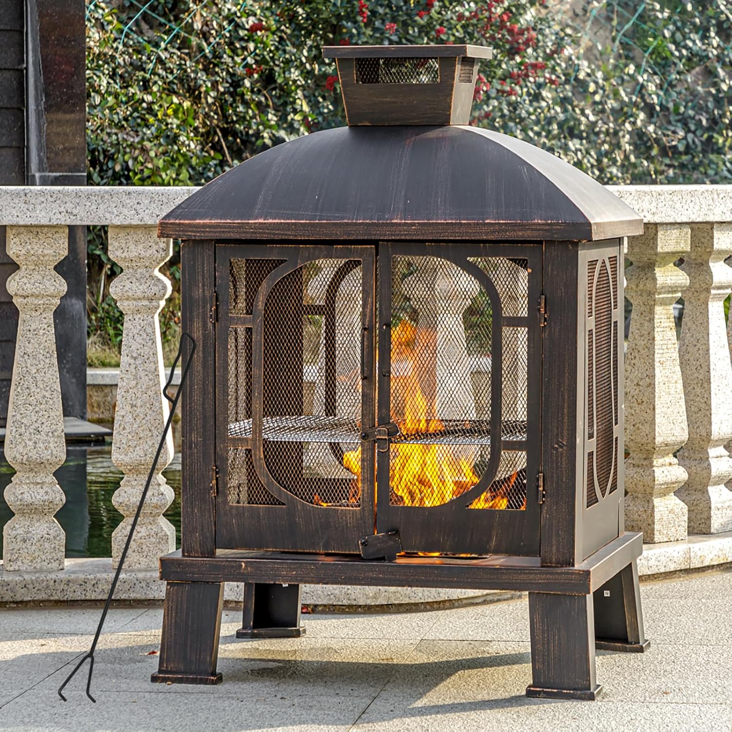Panovue 45" H×31''W Metal Chiminea Fire Pit with Grill, Wood Burning Fire Pits for Outside,Square Chimineas Fireplace with Mesh Spark Screen Door& Fire Poker for Garden,Yard,BBQ,Bonfire (Black&Gold)