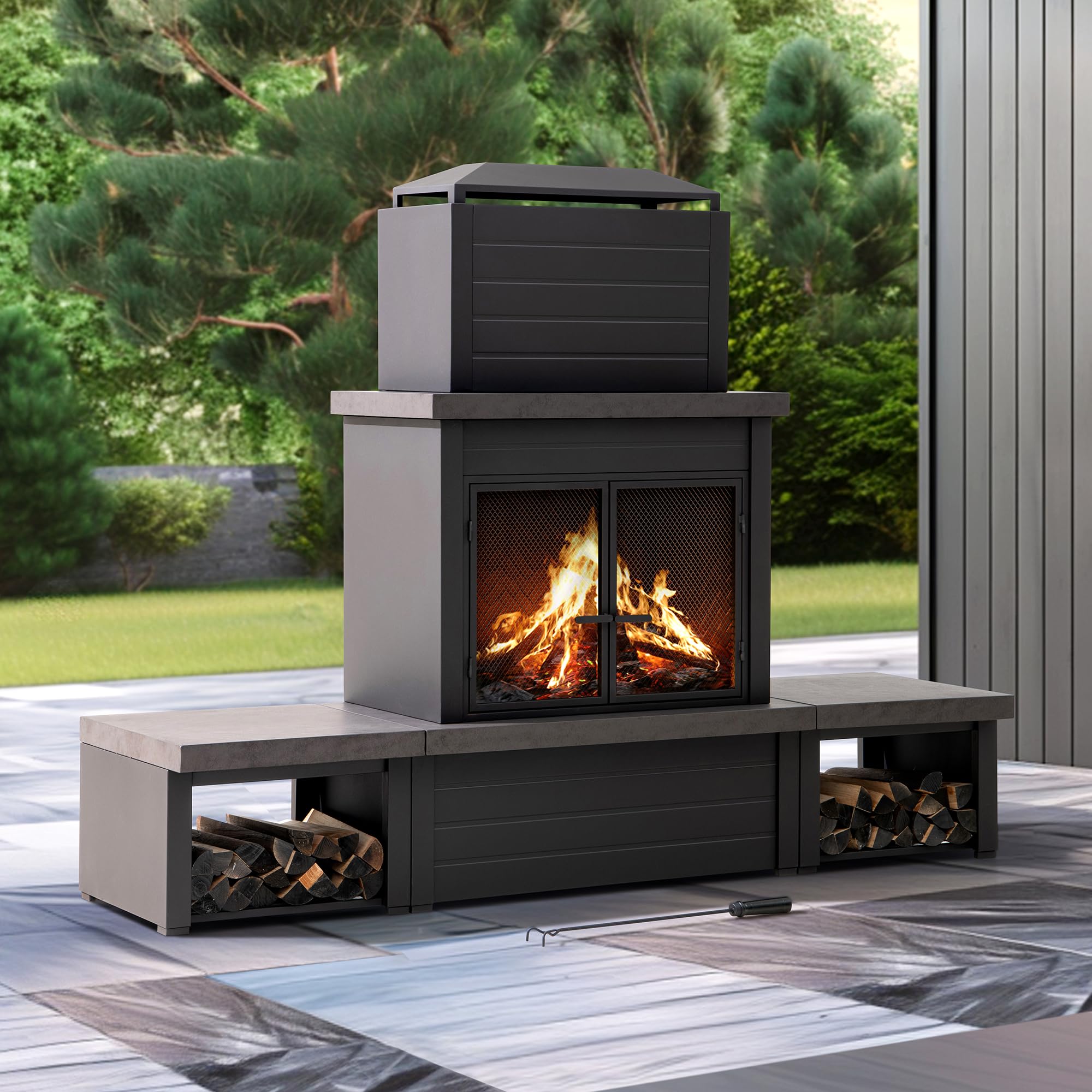 Sunjoy Outdoor Fireplace, Patio Wood Burning Fireplace with Steel Chimney, Mesh Spark Screen Doors, Fire Poker, and Removable Grate, Copper and Black