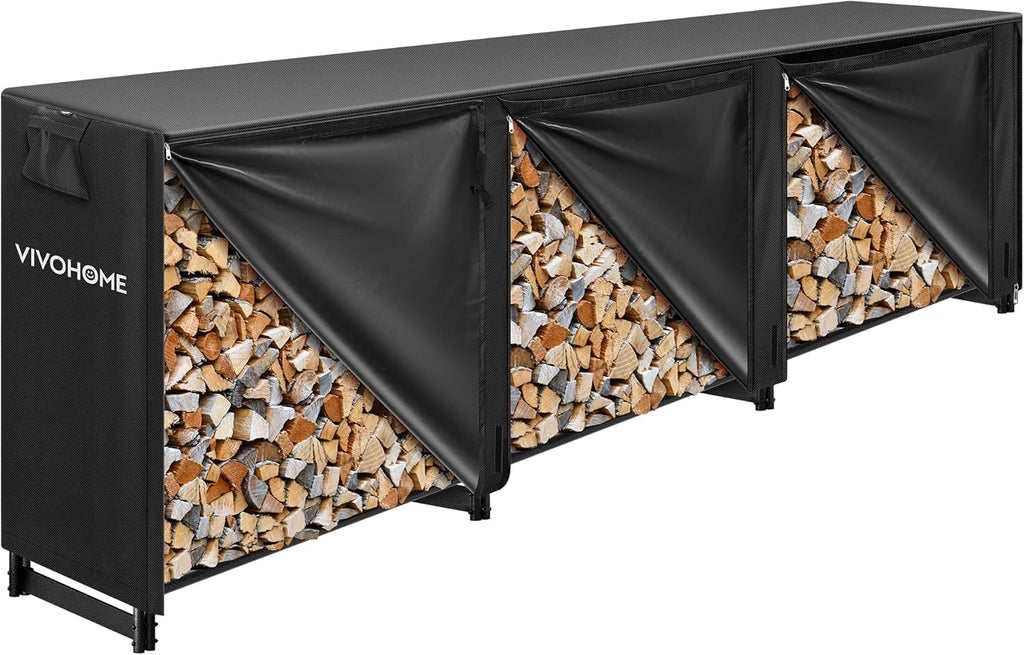 VIVOHOME 12 ft Heavy Duty Firewood Rack Outdoor with Cover, Fire Wood Storage Rack, Log Holder and Cover Combo Set with Zipper, Black
