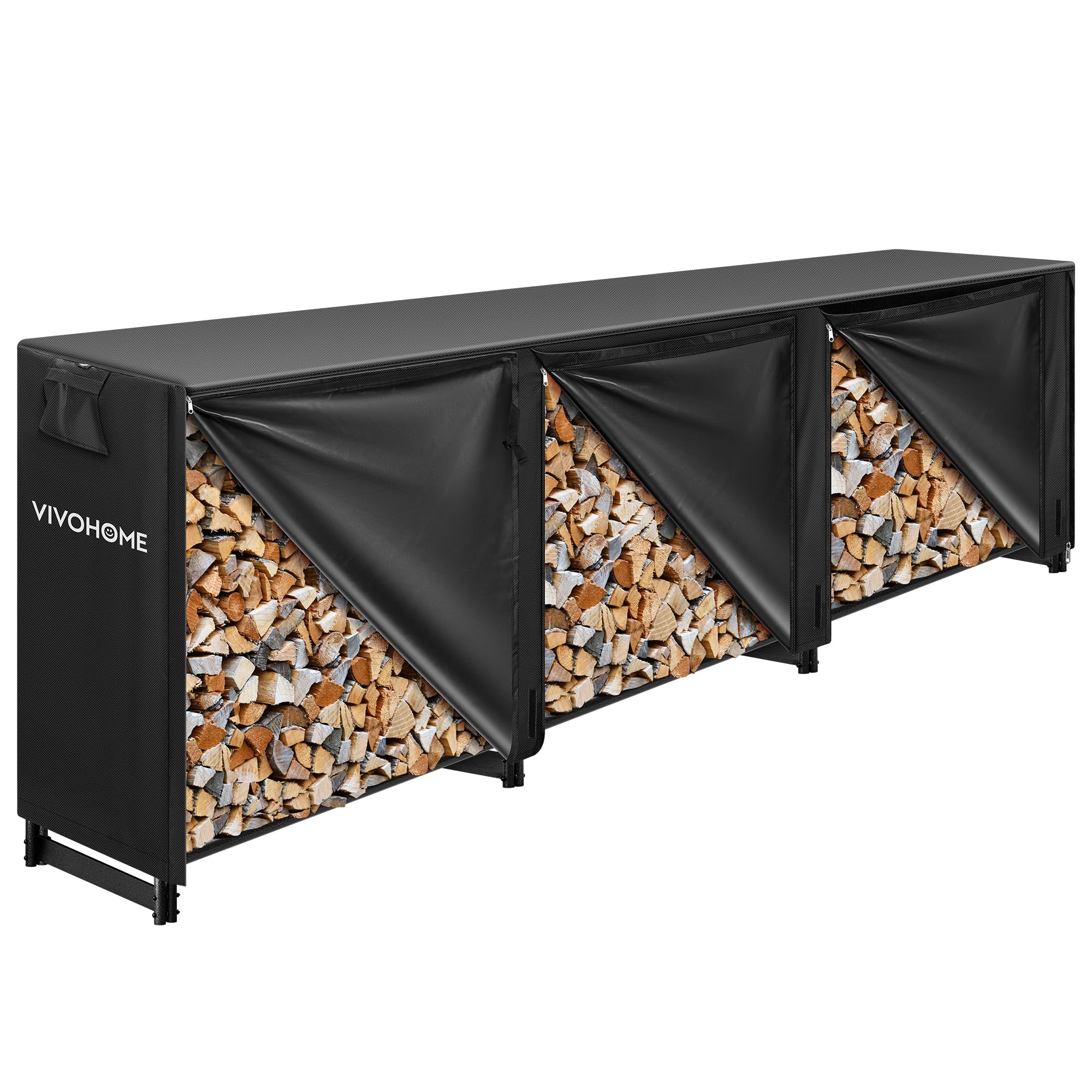 VIVOHOME 8ft Heavy Duty Indoor Outdoor Firewood Storage Log Rack with Cover Combo Set Black
