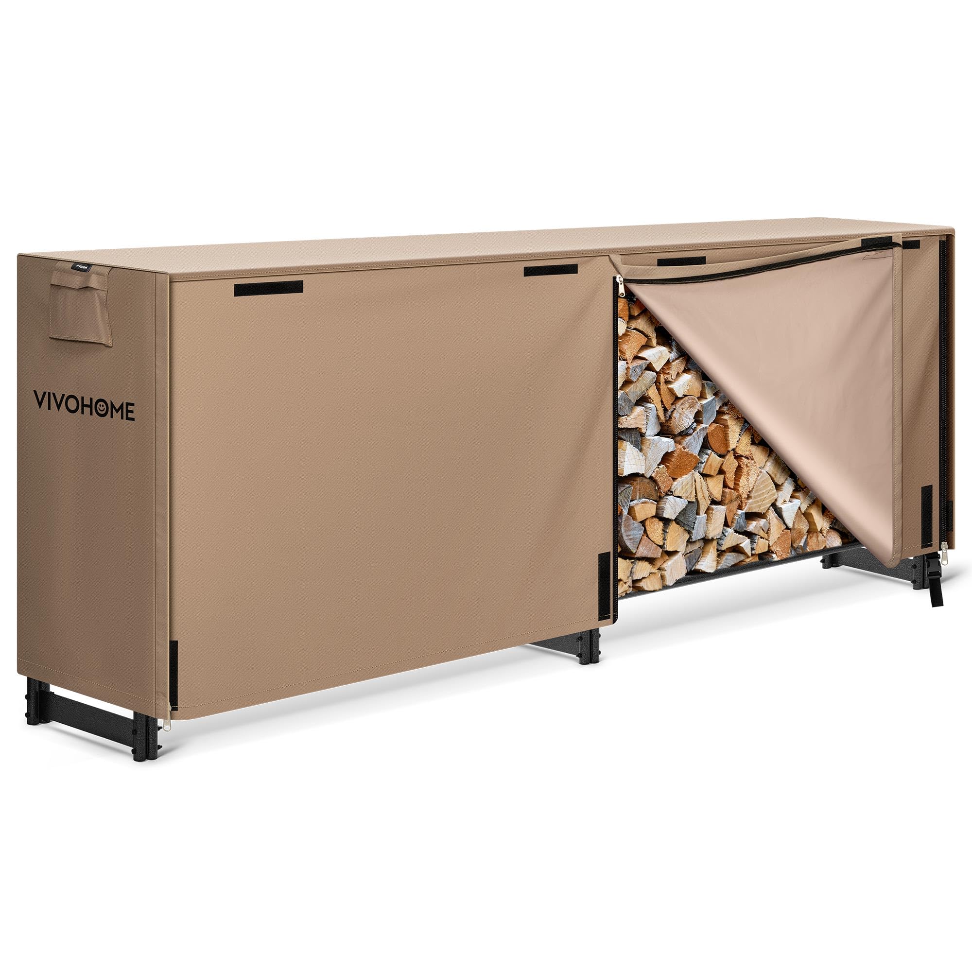 VIVOHOME 8ft Heavy Duty Indoor Outdoor Firewood Storage Log Rack with Cover Combo Set Black