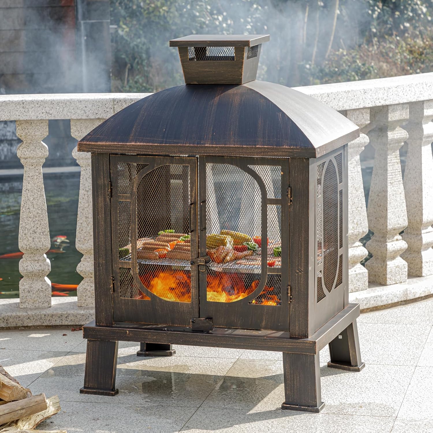 Panovue 45" H×31''W Metal Chiminea Fire Pit with Grill, Wood Burning Fire Pits for Outside,Square Chimineas Fireplace with Mesh Spark Screen Door& Fire Poker for Garden,Yard,BBQ,Bonfire (Black&Gold)