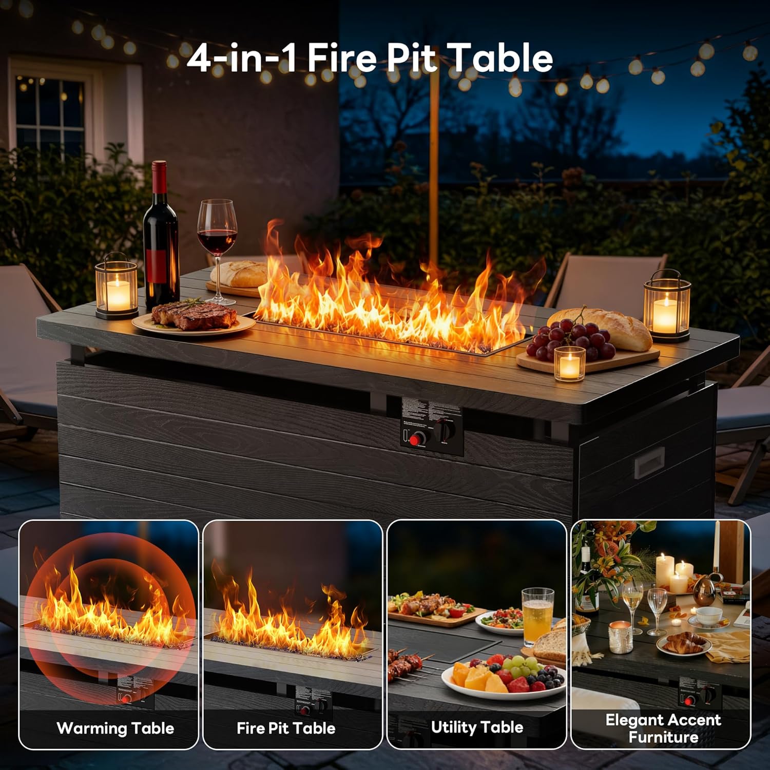 51” Outdoor Propane Fire Pit Table, 50,000 BTU Rectangular Gas Fire Pit with Lid & Blue Crystal Stones, Steel Tabletop, Adjustable Flame, 4-in-1 FirePit Table for Patio, Backyard, Outdoor Gatherings