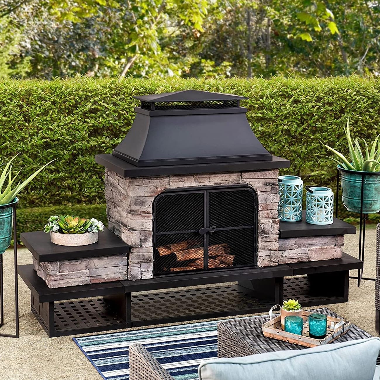 Sunjoy Outdoor Fireplace, Patio Wood Burning Fireplace with Steel Chimney, Mesh Spark Screen Doors, Fire Poker, and Removable Grate, Copper and Black