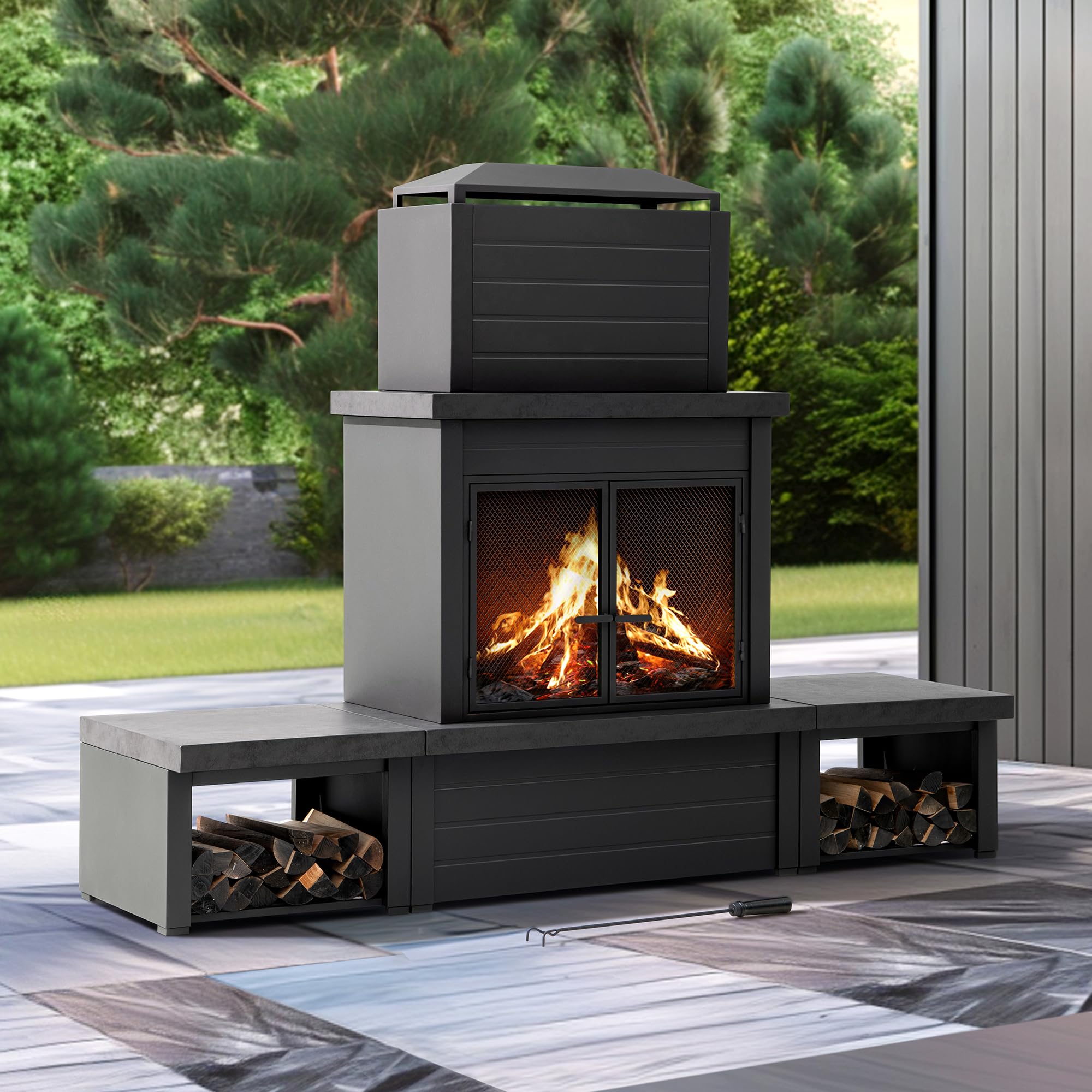 Sunjoy Outdoor Fireplace, Patio Wood Burning Fireplace with Steel Chimney, Mesh Spark Screen Doors, Fire Poker, and Removable Grate, Copper and Black