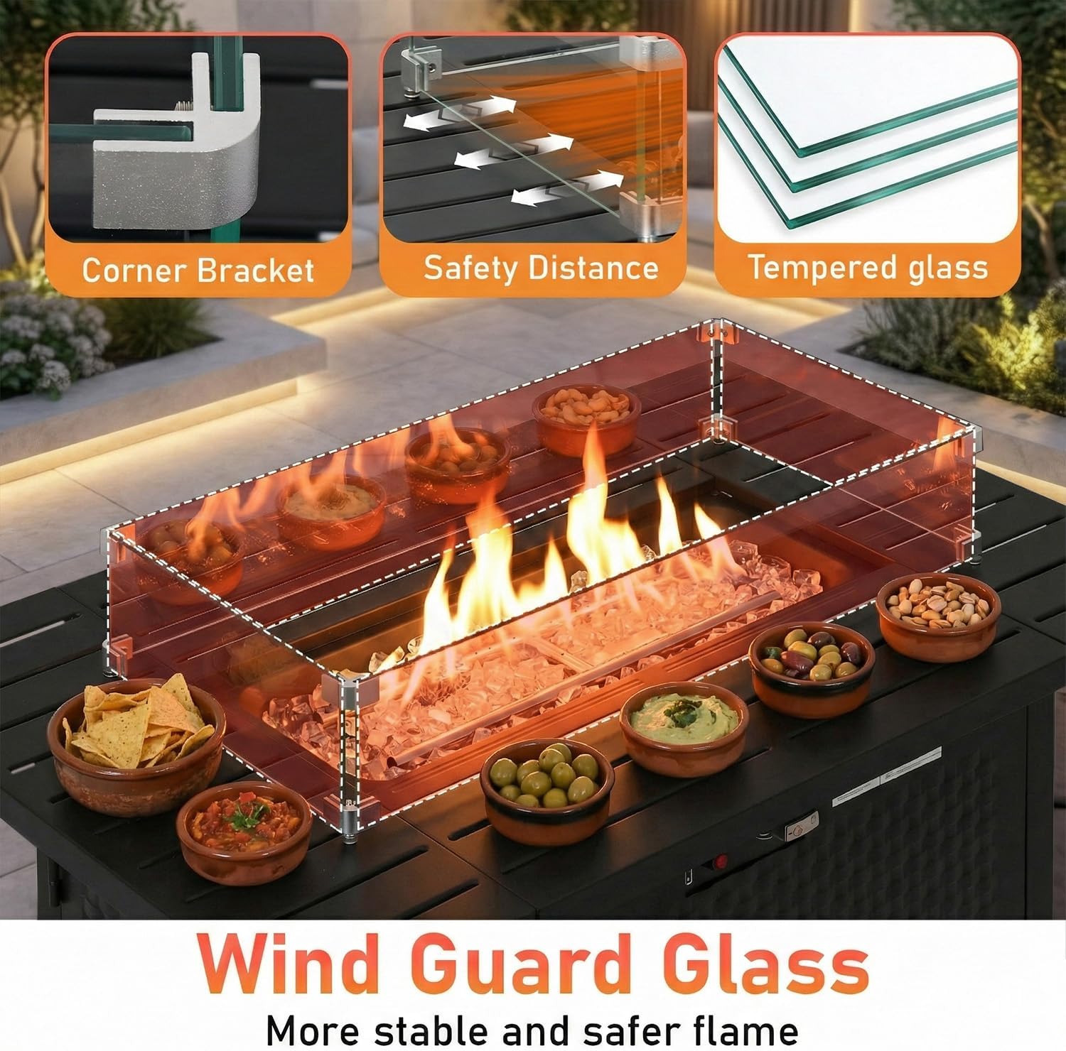 PayLessHere Propane Fire Pit Table, 50,000 BTU CSA-Certified Outdoor Gas Fire Table with Lid, Lava Rock & Glass Wind Guard, Smokeless Patio Firepit for Backyard, Deck & Garden (43 inch)