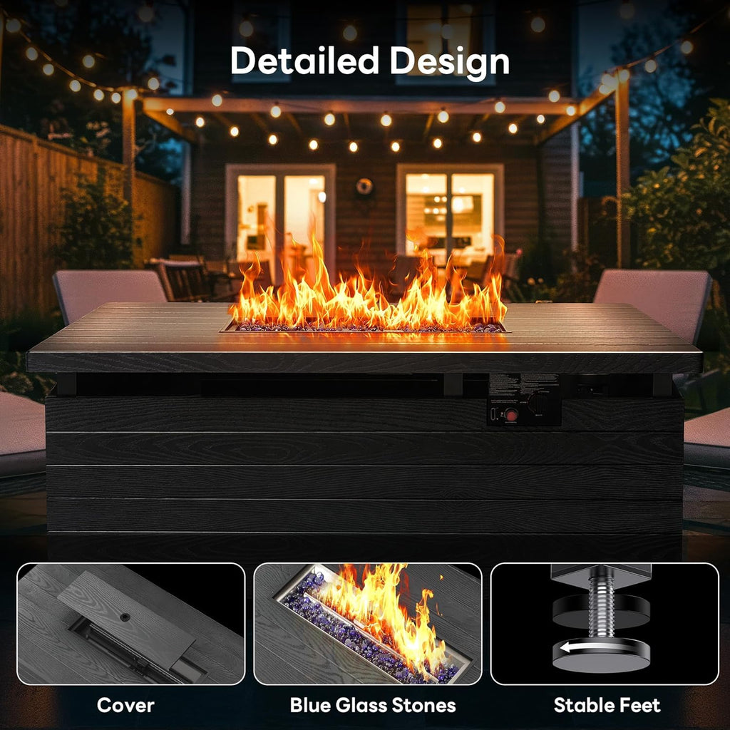 51” Outdoor Propane Fire Pit Table, 50,000 BTU Rectangular Gas Fire Pit with Lid & Blue Crystal Stones, Steel Tabletop, Adjustable Flame, 4-in-1 FirePit Table for Patio, Backyard, Outdoor Gatherings