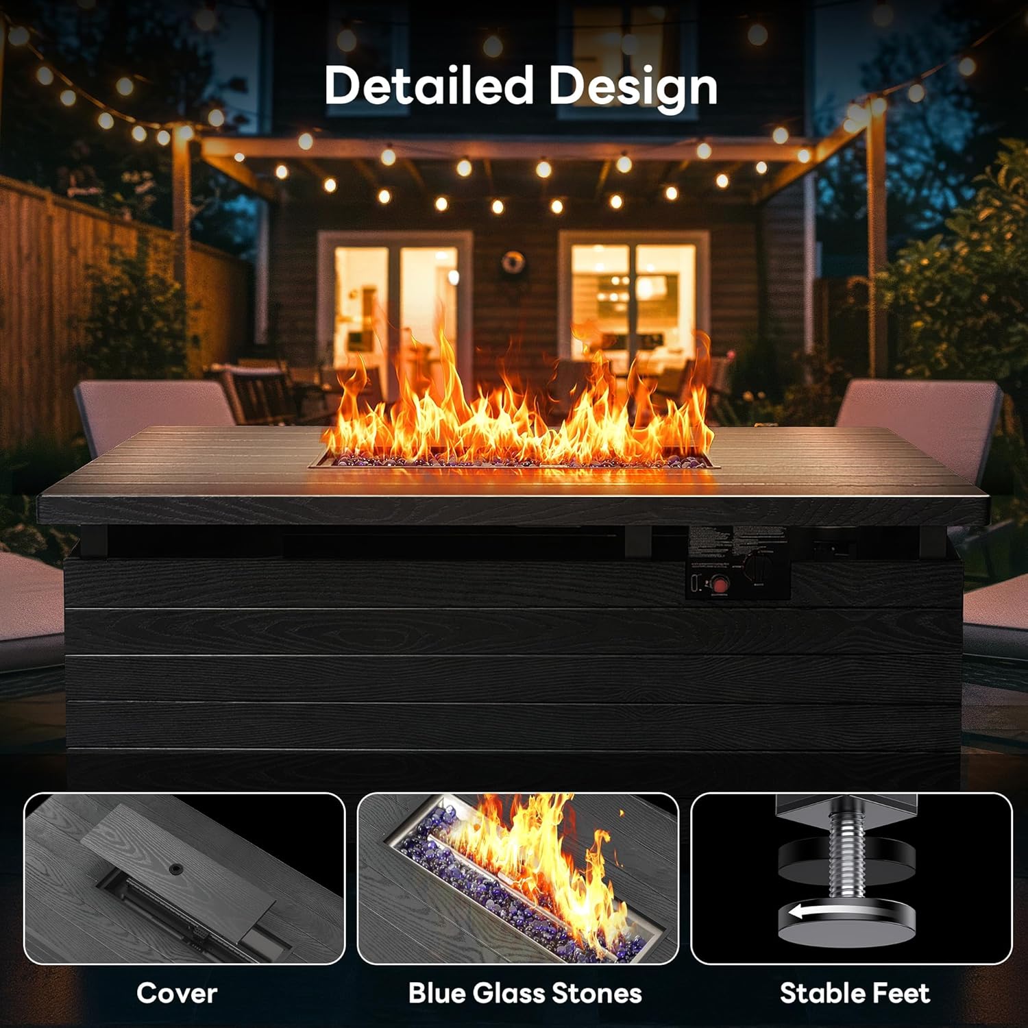 51” Outdoor Propane Fire Pit Table, 50,000 BTU Rectangular Gas Fire Pit with Lid & Blue Crystal Stones, Steel Tabletop, Adjustable Flame, 4-in-1 FirePit Table for Patio, Backyard, Outdoor Gatherings