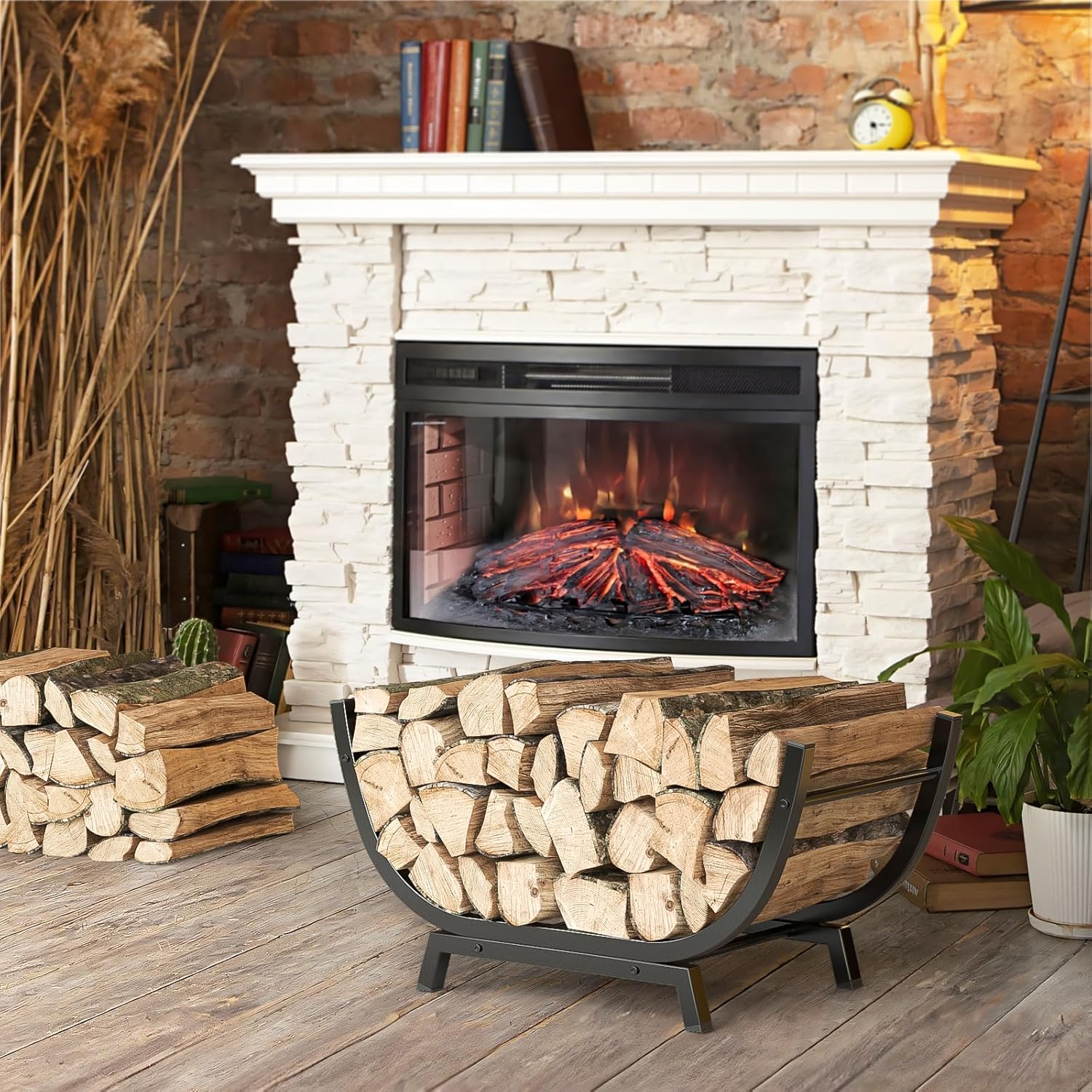 Firewood Rack - 25 inch Outdoor Indoor Metal Firewood Holder With Thickened Trapezoid Base-Double Coated Waterproof Rustproof Fireplace Firewood Stand, Black