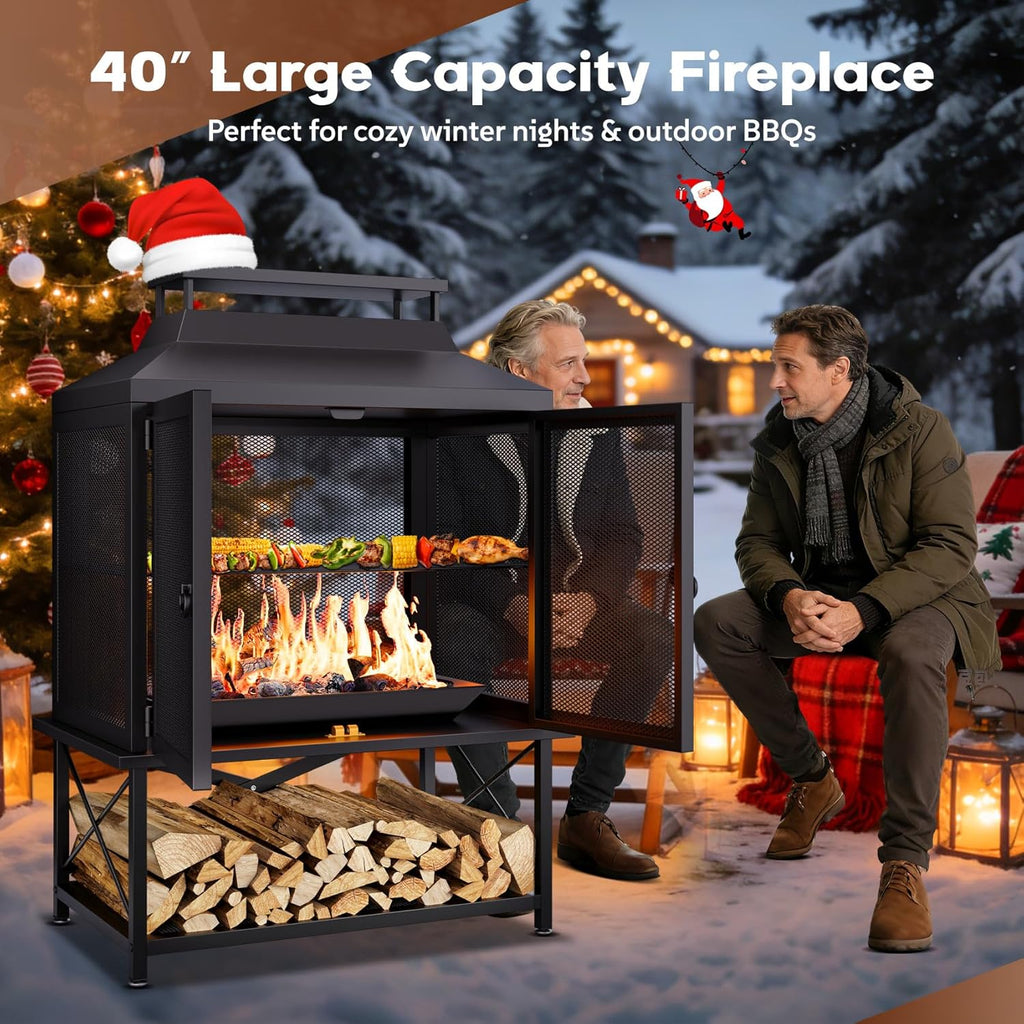 Large Outdoor Chiminea Fire Pit with Grill, Outdoor Fireplace, Outdoor Wood Burning Fireplace with Chimney, 360° Mesh Spark Screen Door, Fire Poker and Log Storage Rack for Patio Backyard