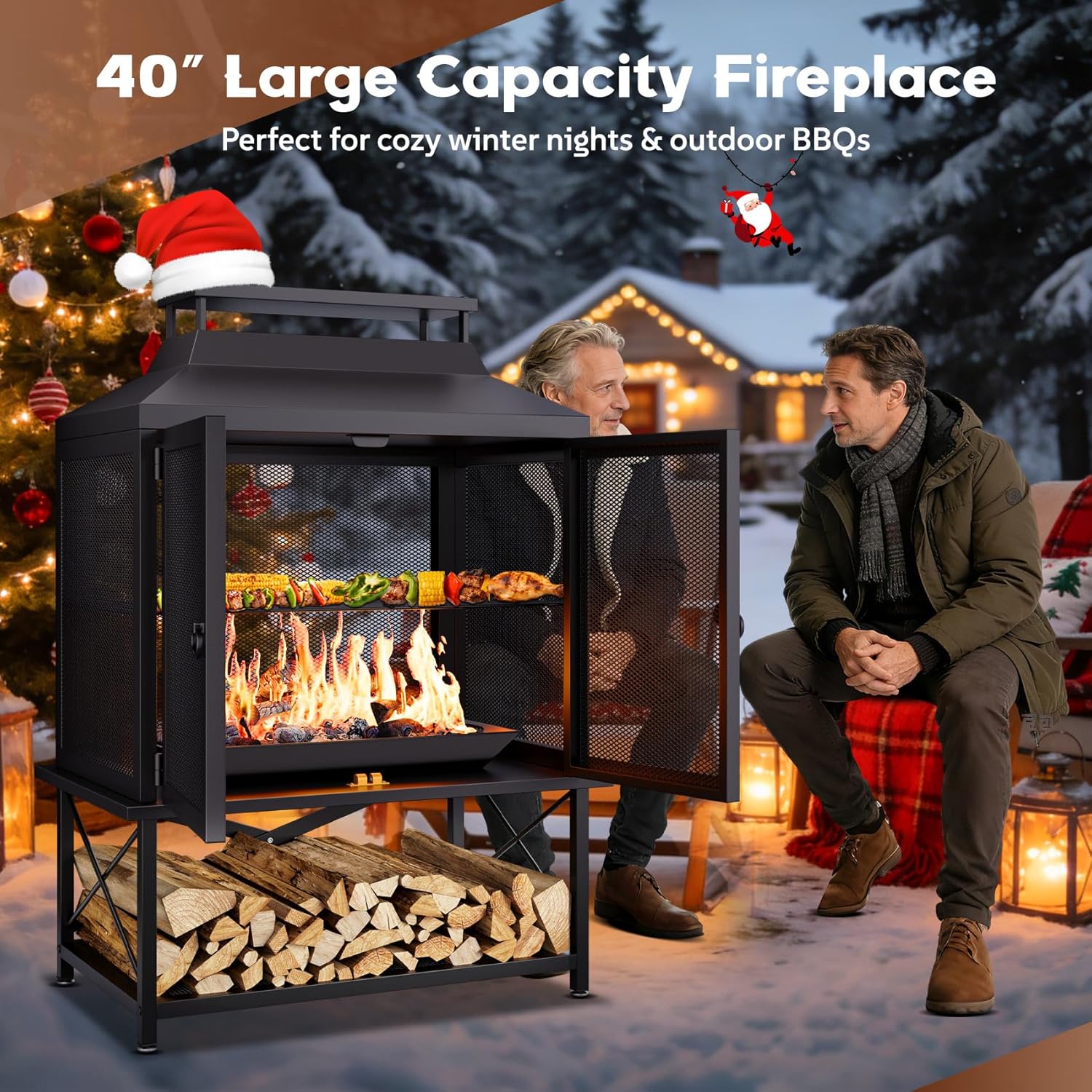 Large Outdoor Chiminea Fire Pit with Grill, Outdoor Fireplace, Outdoor Wood Burning Fireplace with Chimney, 360° Mesh Spark Screen Door, Fire Poker and Log Storage Rack for Patio Backyard