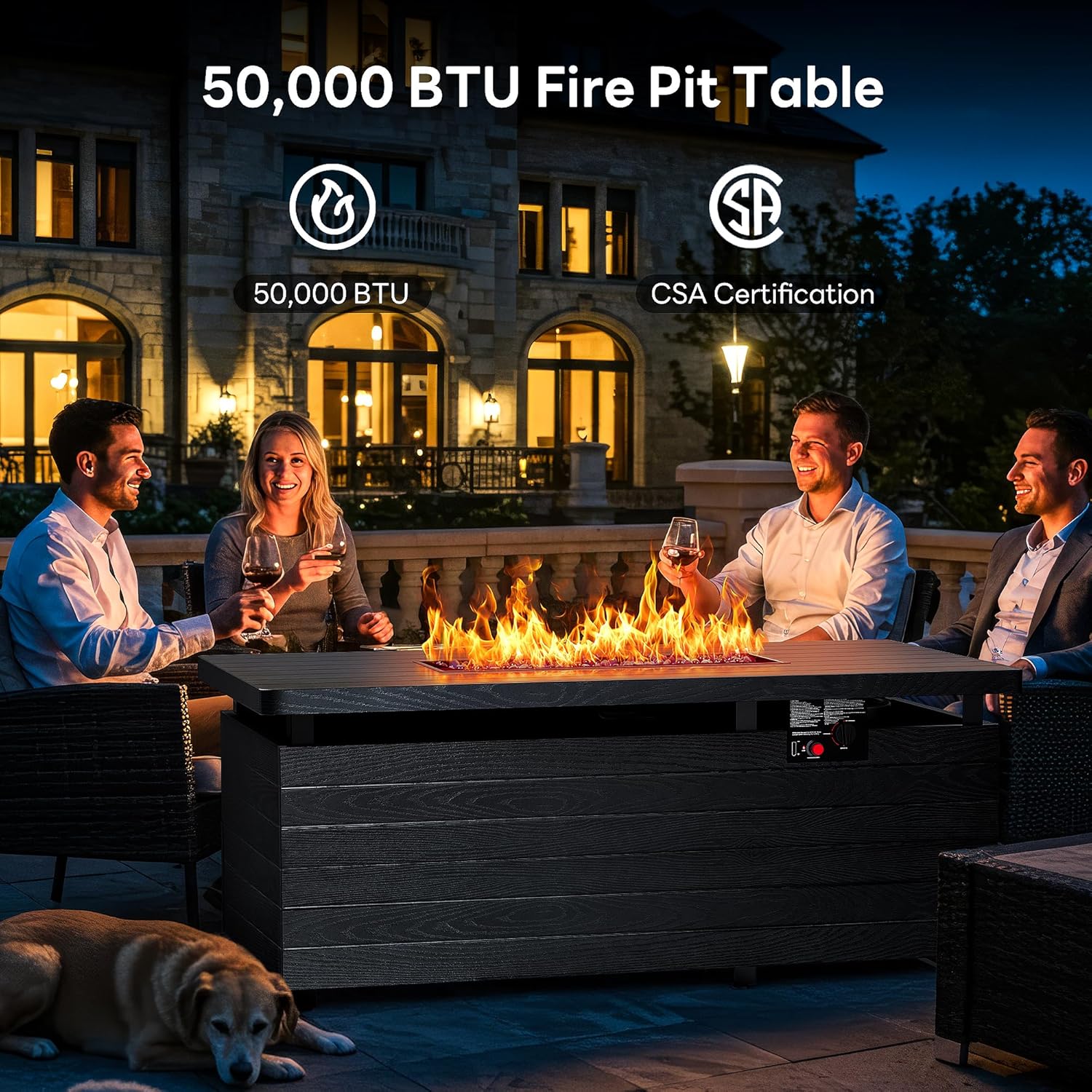51” Outdoor Propane Fire Pit Table, 50,000 BTU Rectangular Gas Fire Pit with Lid & Blue Crystal Stones, Steel Tabletop, Adjustable Flame, 4-in-1 FirePit Table for Patio, Backyard, Outdoor Gatherings
