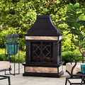Sunjoy Outdoor Fireplace, Stone Look Tile Patio Wood Burning Steel Fireplace with Chimney, Spark Screen, Fire Poker, Rain Cover, and Removable Grate, Black with Golden Highlight