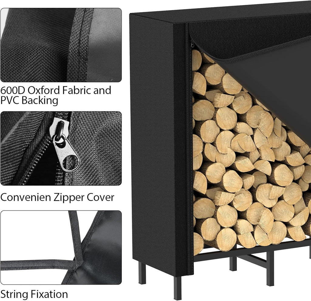 CADUKE 4ft Firewood Rack with Cover, Outdoor Firewood Log Rack for Fireplace, Indoor Firewood Storage, Heavy Duty Fire Wood Stand, Black