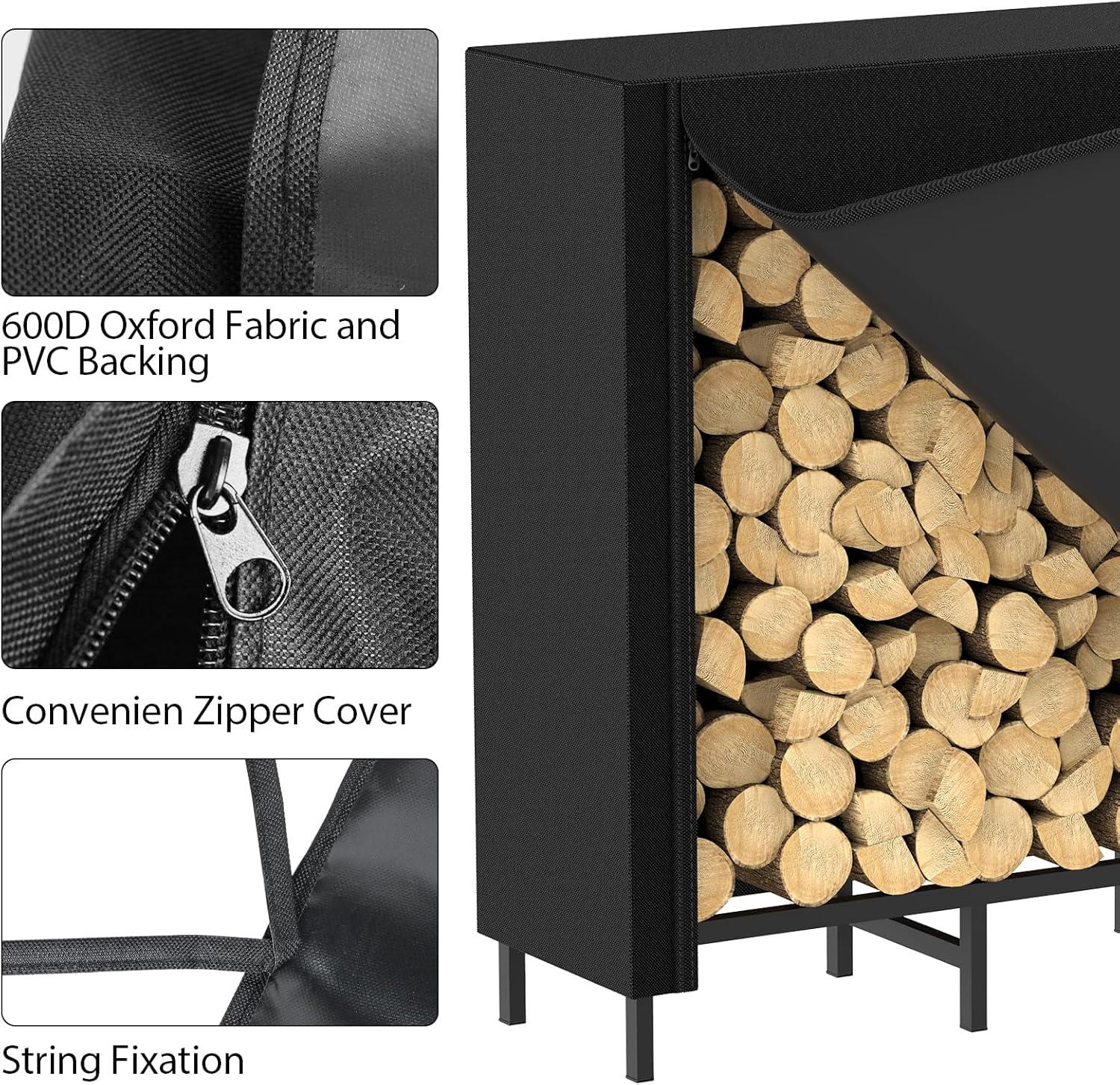 CADUKE 4ft Firewood Rack with Cover, Outdoor Firewood Log Rack for Fireplace, Indoor Firewood Storage, Heavy Duty Fire Wood Stand, Black