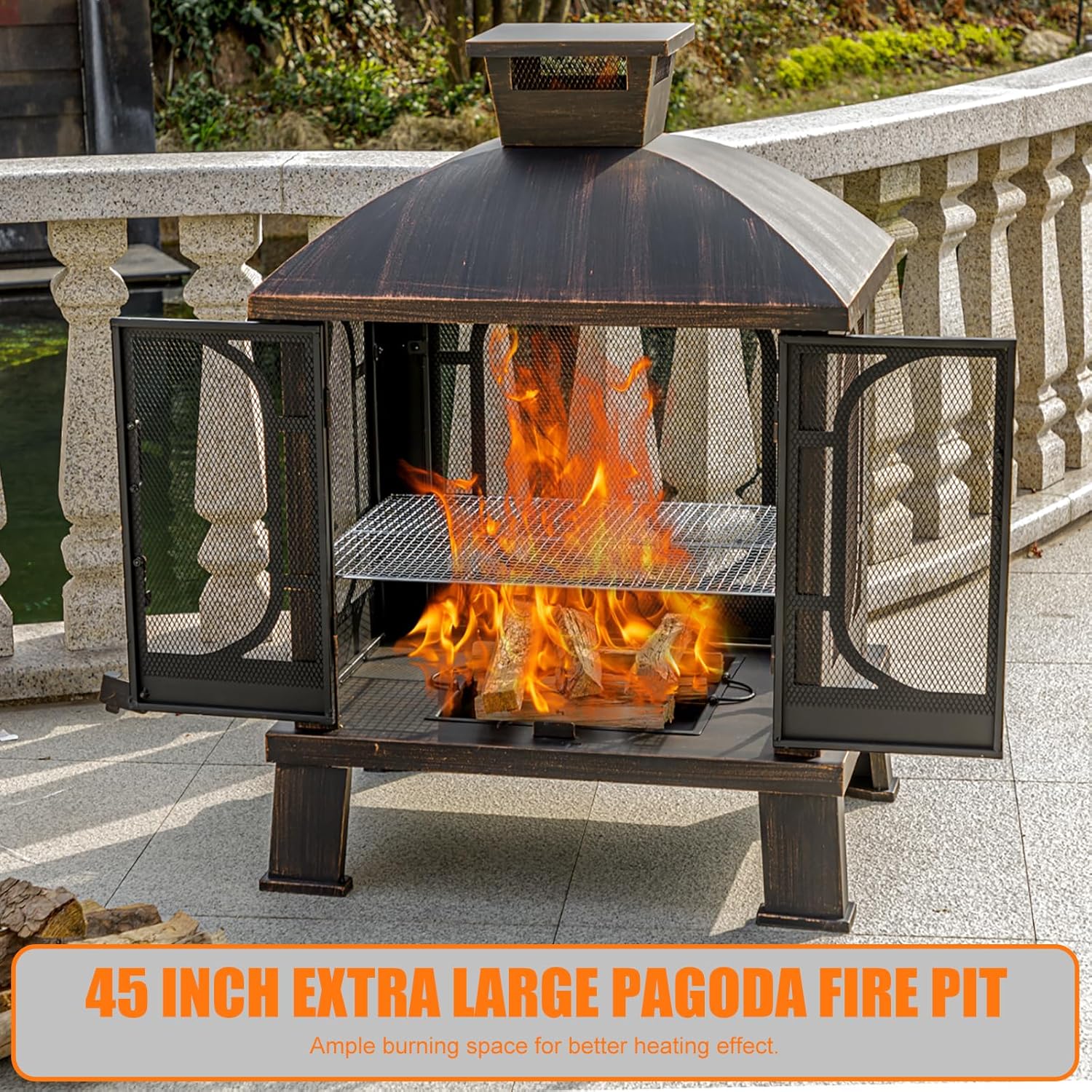 Panovue 45" H×31''W Metal Chiminea Fire Pit with Grill, Wood Burning Fire Pits for Outside,Square Chimineas Fireplace with Mesh Spark Screen Door& Fire Poker for Garden,Yard,BBQ,Bonfire (Black&Gold)