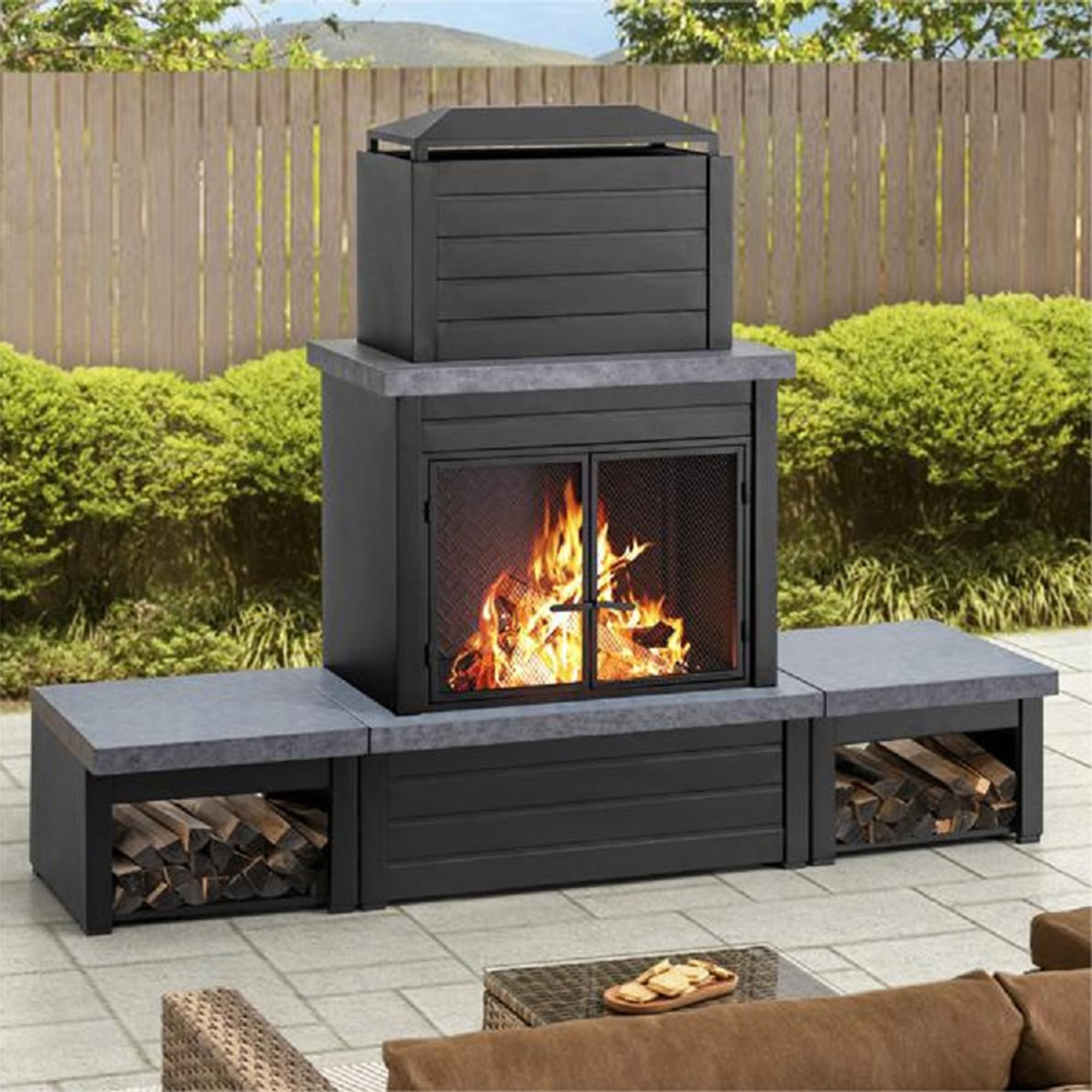 Sunjoy Outdoor Fireplace, Patio Wood Burning Fireplace with Steel Chimney, Mesh Spark Screen Doors, Fire Poker, and Removable Grate, Copper and Black