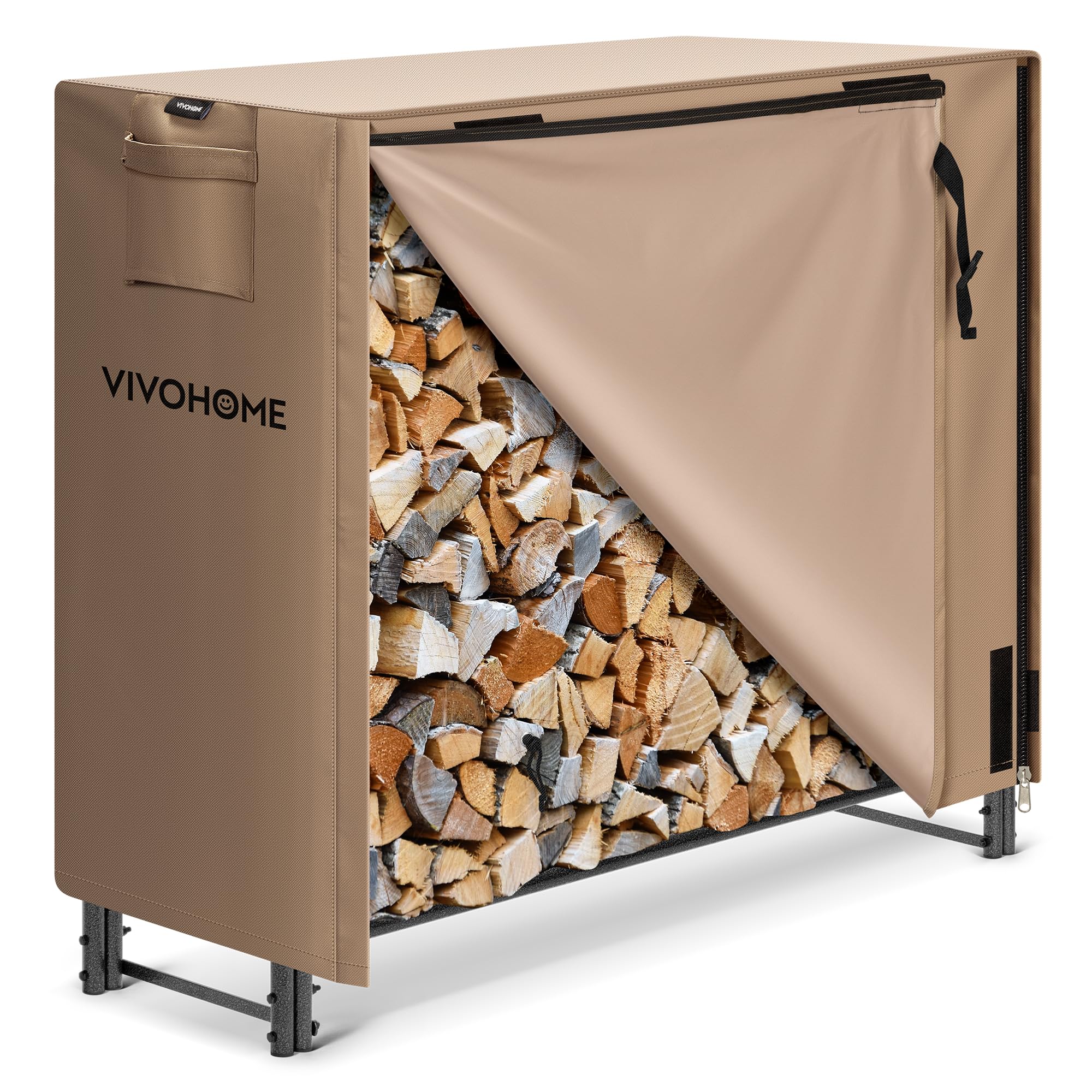VIVOHOME 12 ft Heavy Duty Firewood Rack Outdoor with Cover, Fire Wood Storage Rack, Log Holder and Cover Combo Set with Zipper, Black