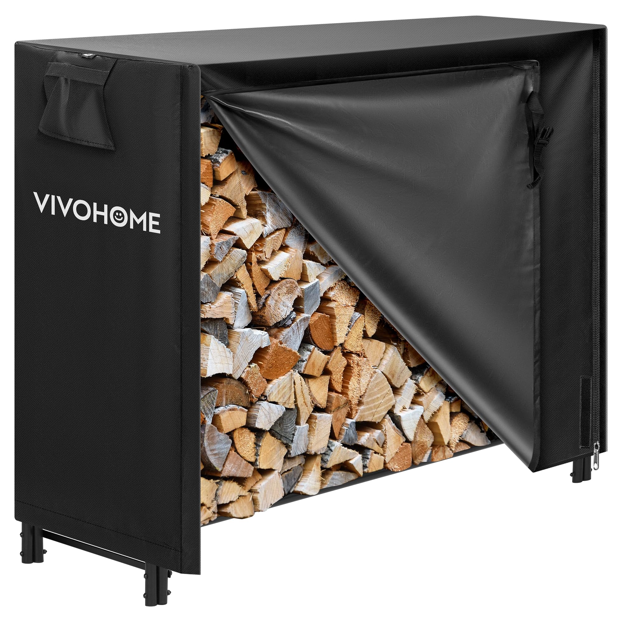 VIVOHOME 8ft Heavy Duty Indoor Outdoor Firewood Storage Log Rack with Cover Combo Set Black