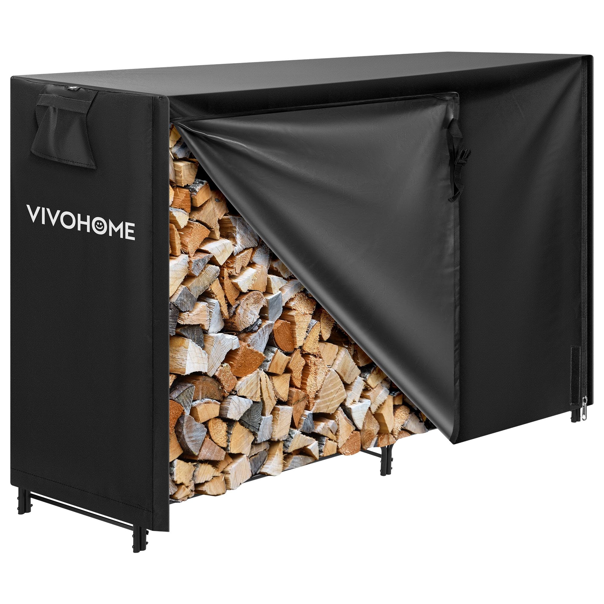 VIVOHOME 8ft Heavy Duty Indoor Outdoor Firewood Storage Log Rack with Cover Combo Set Black