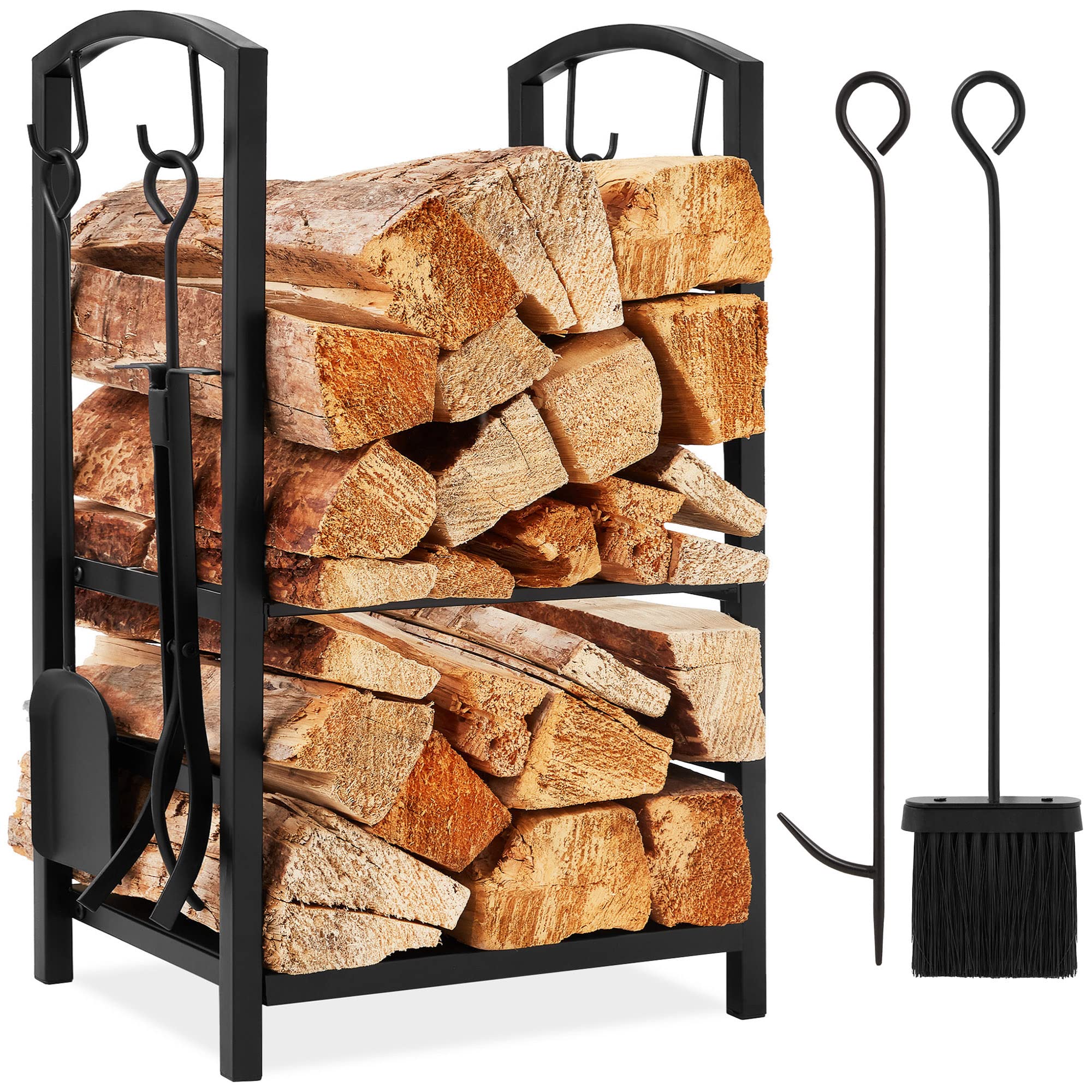 Best Choice Products 5-Piece Indoor Outdoor Wrought Iron Firewood Log Storage Rack Holder Firepit Tools Set for Fireplace, Fire Pit, Stove w/Hook, Broom, Shovel, Tongs - Copper