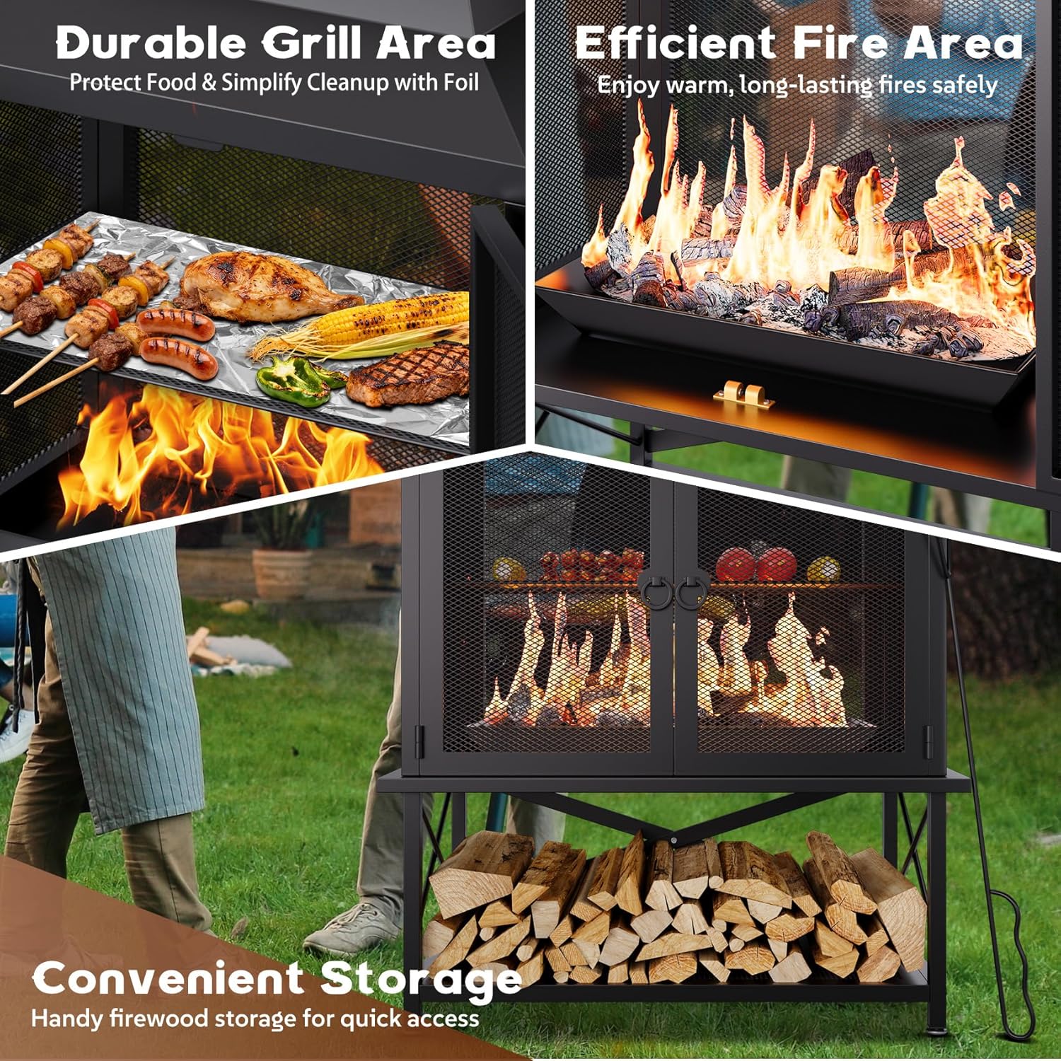 Large Outdoor Chiminea Fire Pit with Grill, Outdoor Fireplace, Outdoor Wood Burning Fireplace with Chimney, 360° Mesh Spark Screen Door, Fire Poker and Log Storage Rack for Patio Backyard