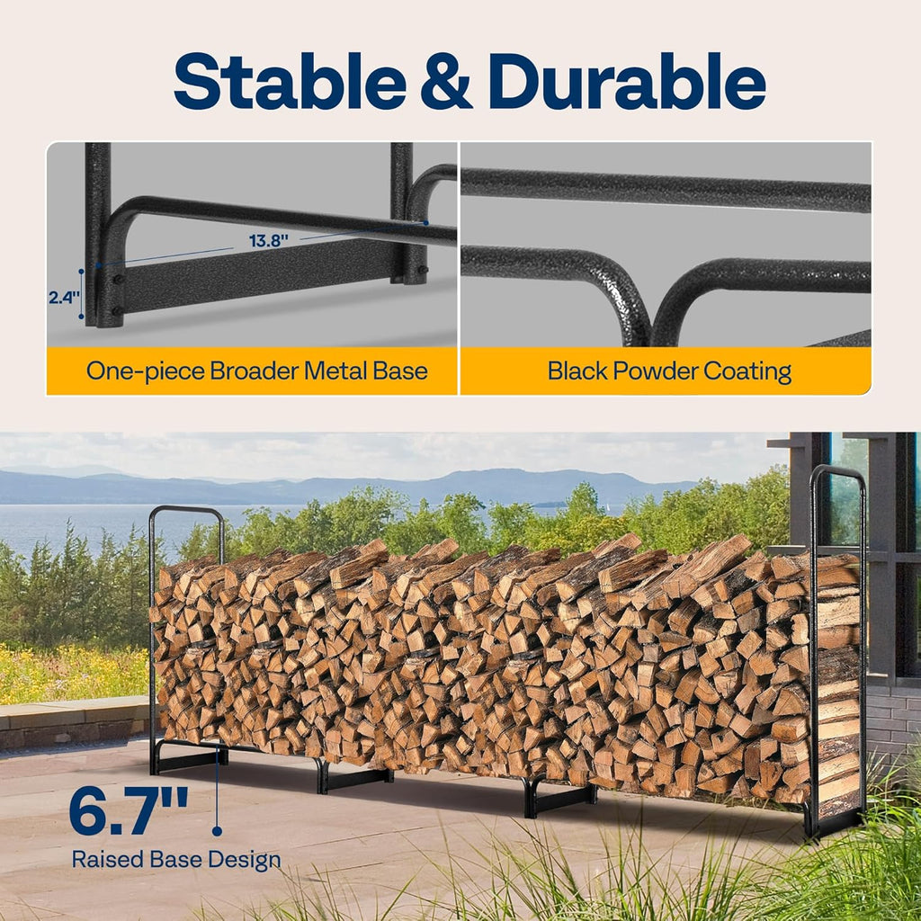 VIVOHOME 12 ft Heavy Duty Firewood Rack Outdoor with Cover, Fire Wood Storage Rack, Log Holder and Cover Combo Set with Zipper, Black