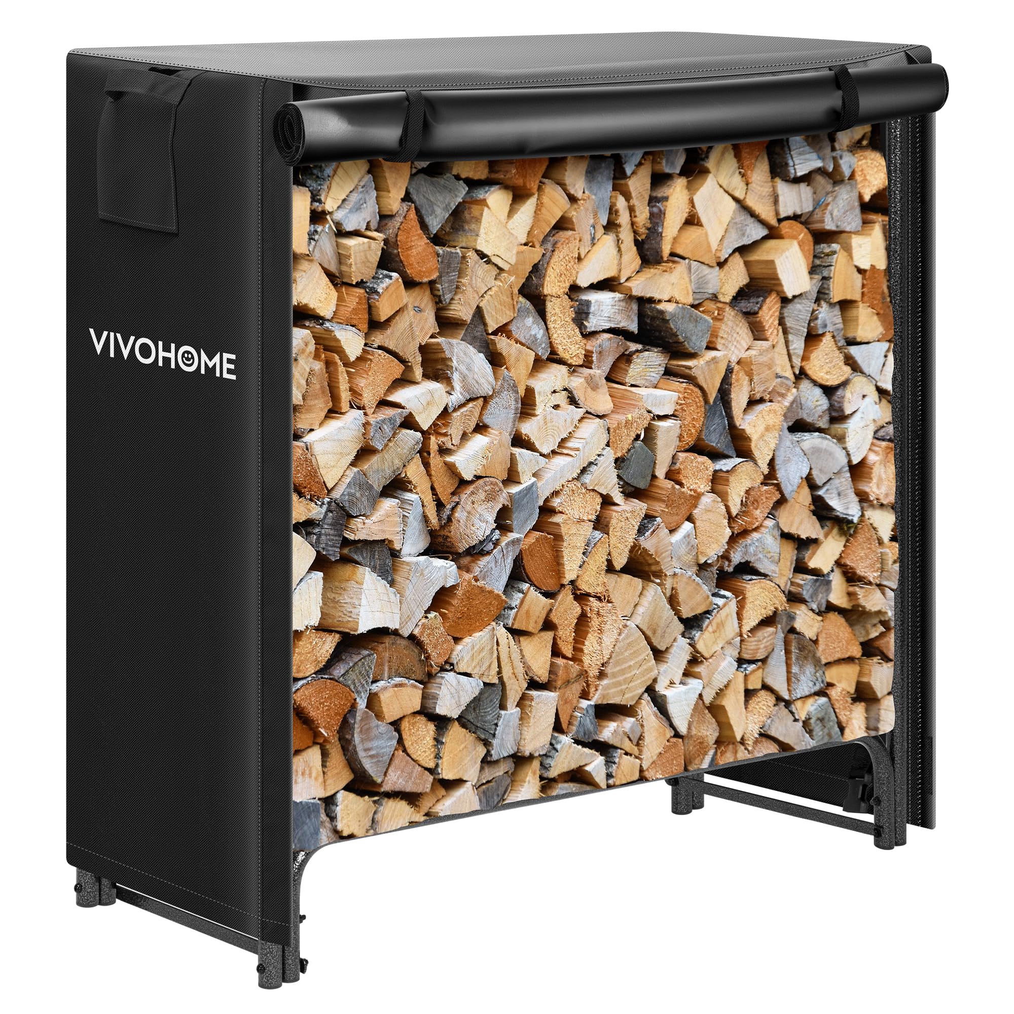 VIVOHOME 12 ft Heavy Duty Firewood Rack Outdoor with Cover, Fire Wood Storage Rack, Log Holder and Cover Combo Set with Zipper, Black